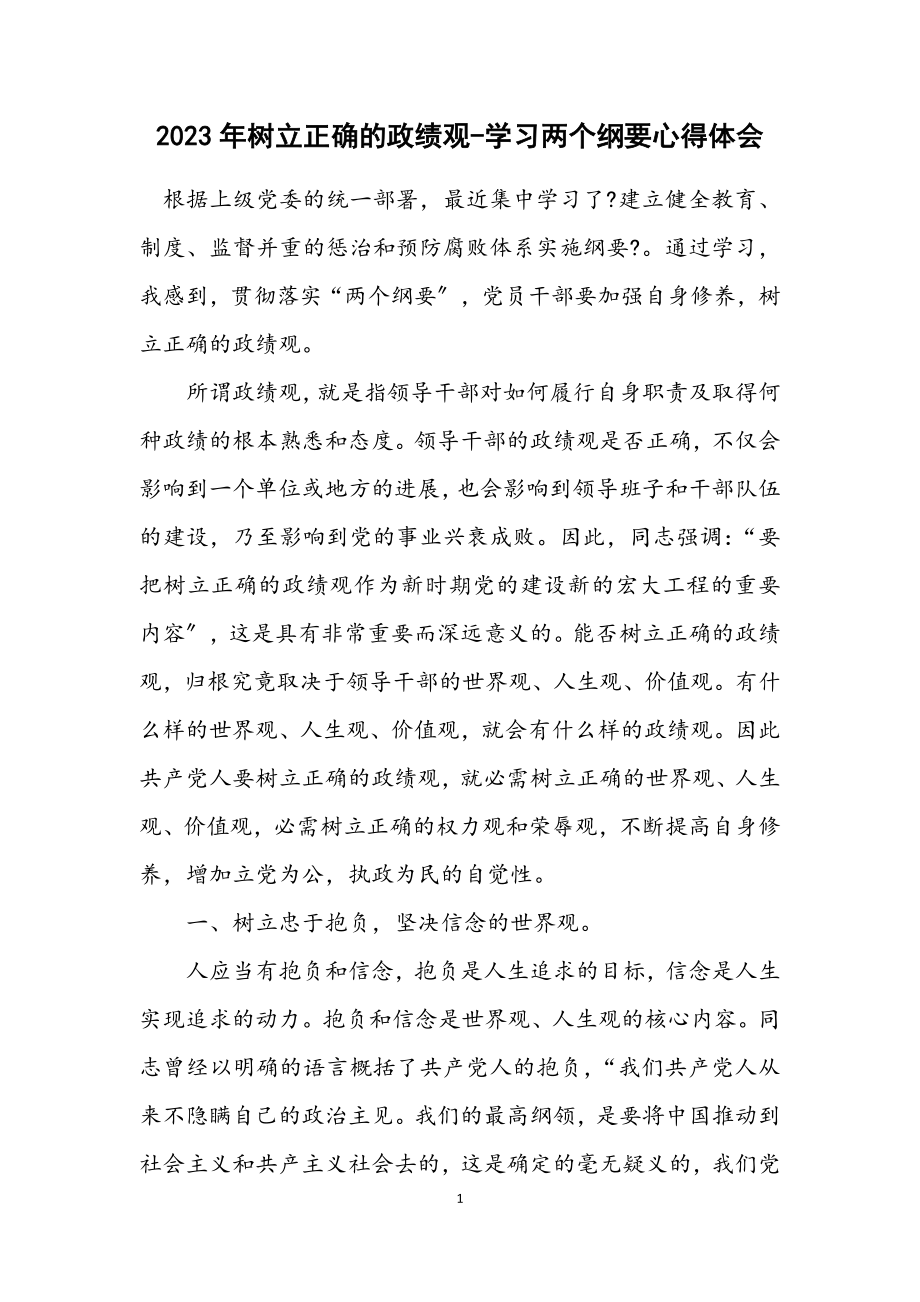 2023年树立正确的政绩观-学习两个纲要心得体会.docx_第1页