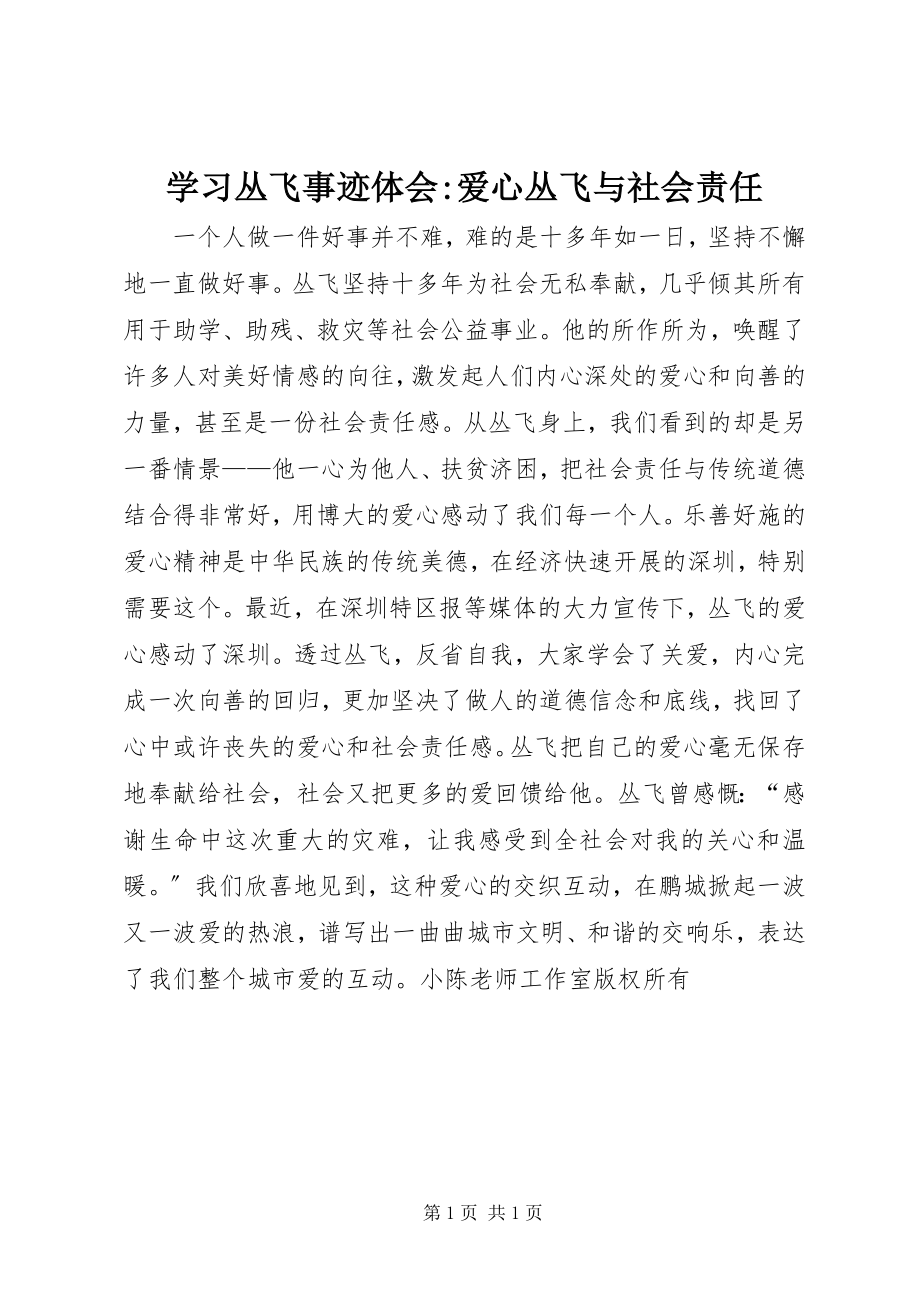 2023年学习丛飞事迹体会爱心丛飞与社会责任2.docx_第1页