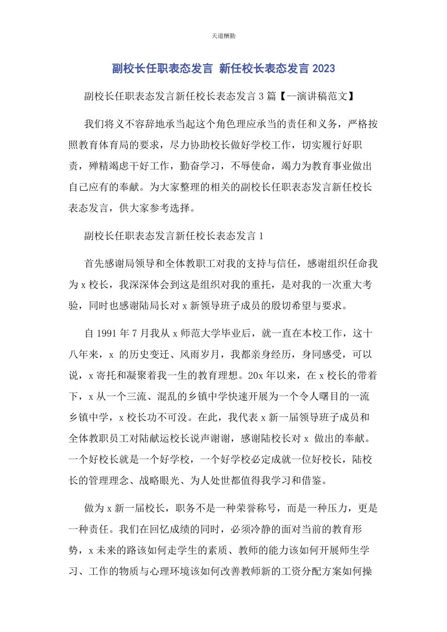 2023年副校长任职表态发言 新任校长表态发言范文.docx_第1页