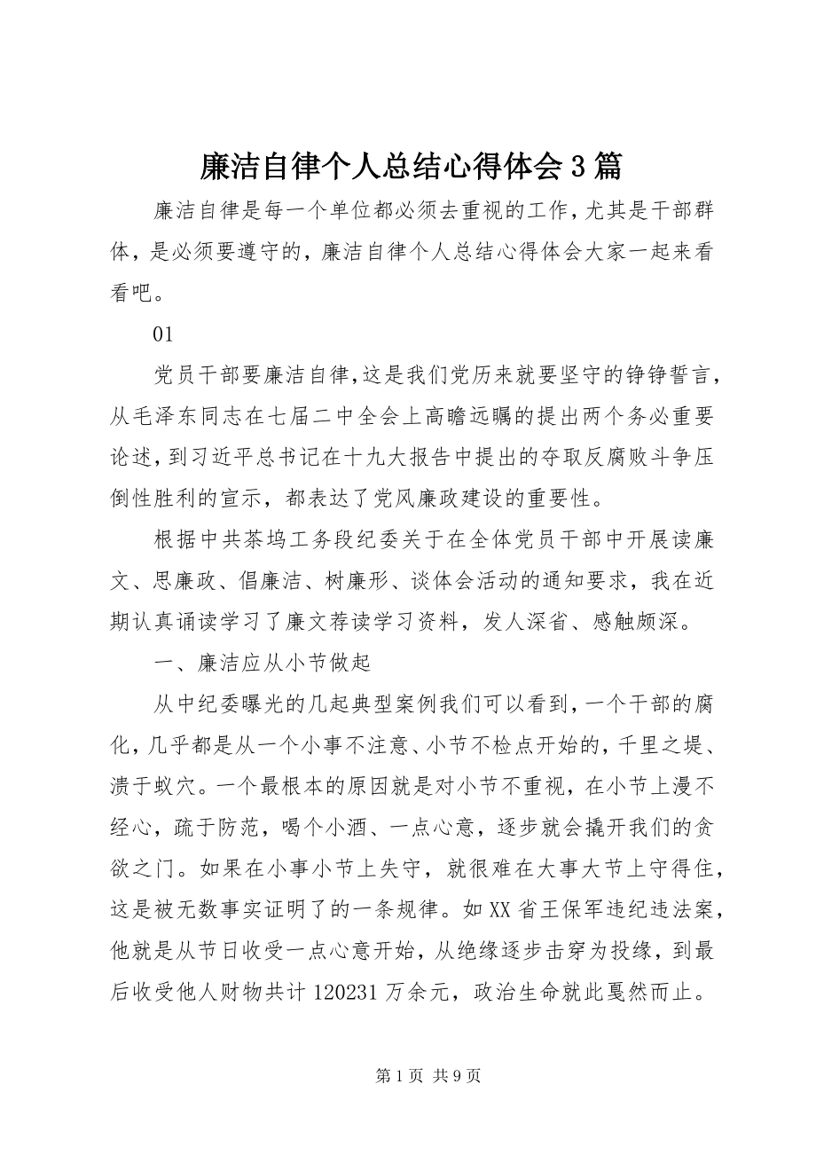 2023年廉洁自律个人总结心得体会3篇.docx_第1页