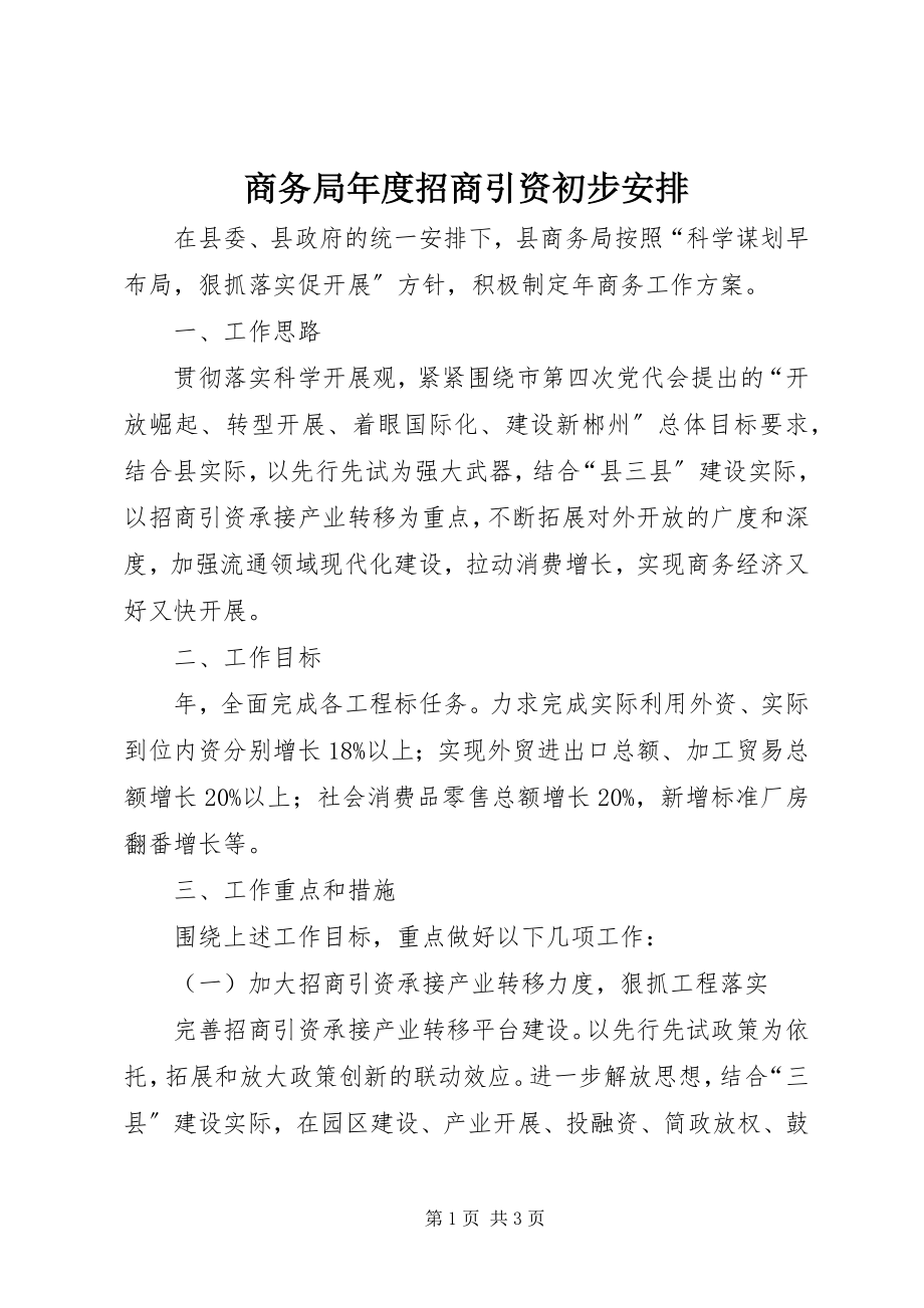 2023年商务局年度招商引资初步安排.docx_第1页