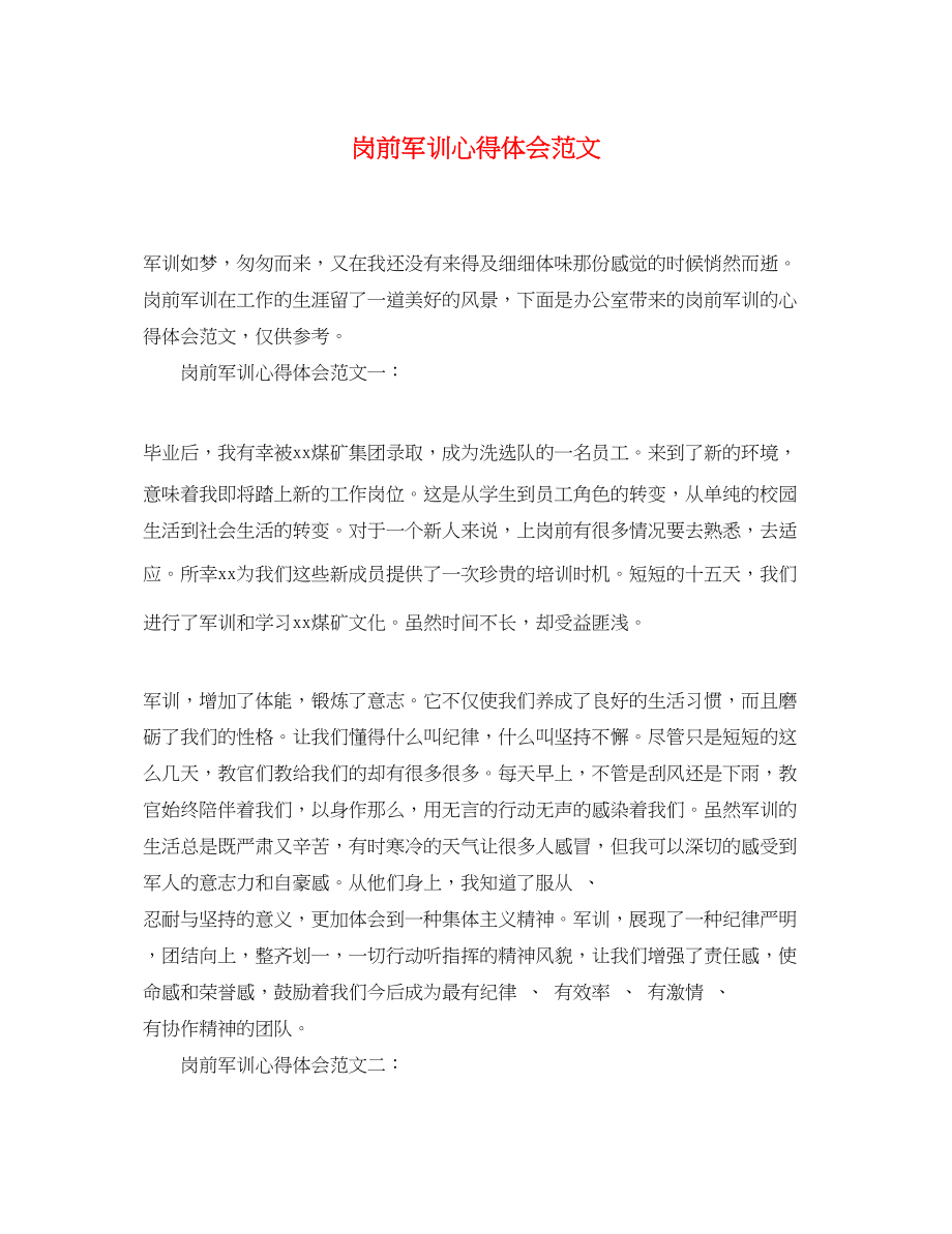 2023年岗前军训心得体会范文.docx_第1页