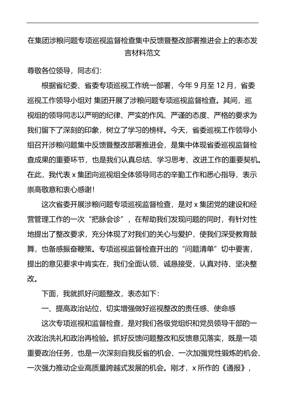 在集团涉粮问题专项巡视监督检查集中反馈暨整改部署推进会上的表态发言材料.docx_第1页