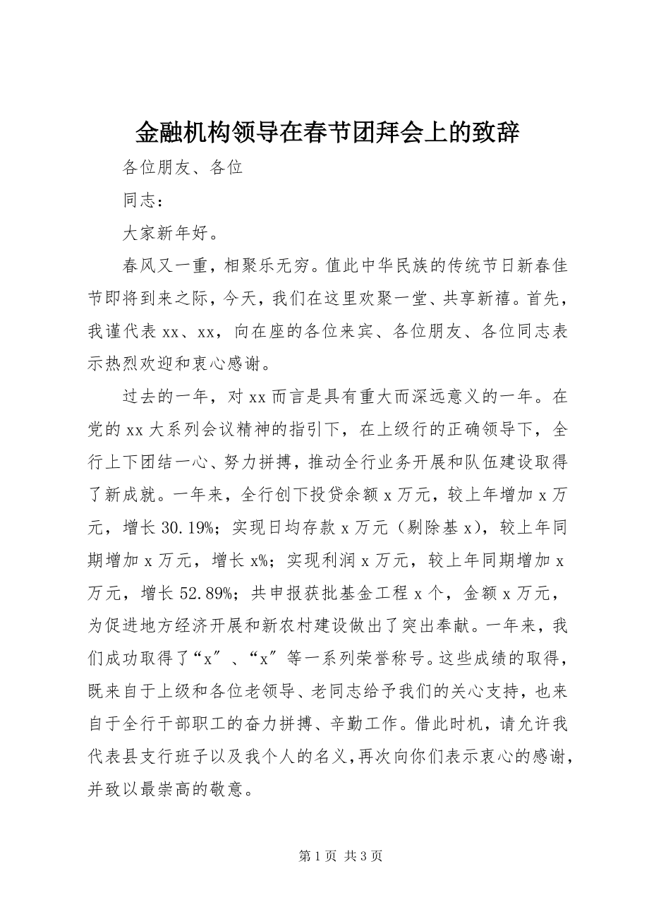 2023年金融机构领导在春节团拜会上的致辞.docx_第1页