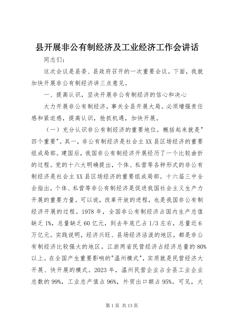 2023年县发展非公有制经济及工业经济工作会致辞.docx_第1页