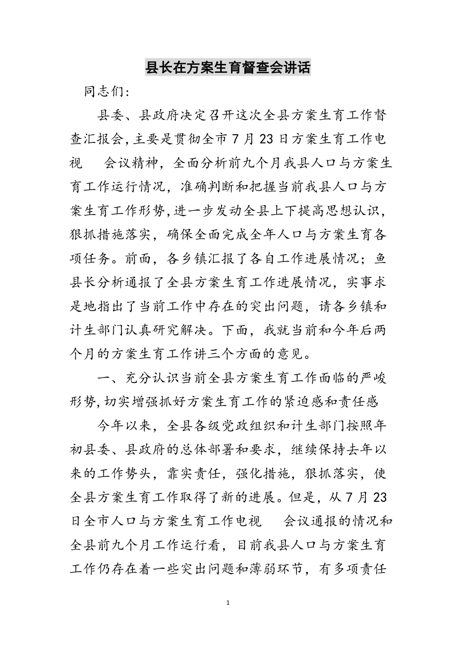 2023年县长在计划生育督查会讲话范文.doc_第1页