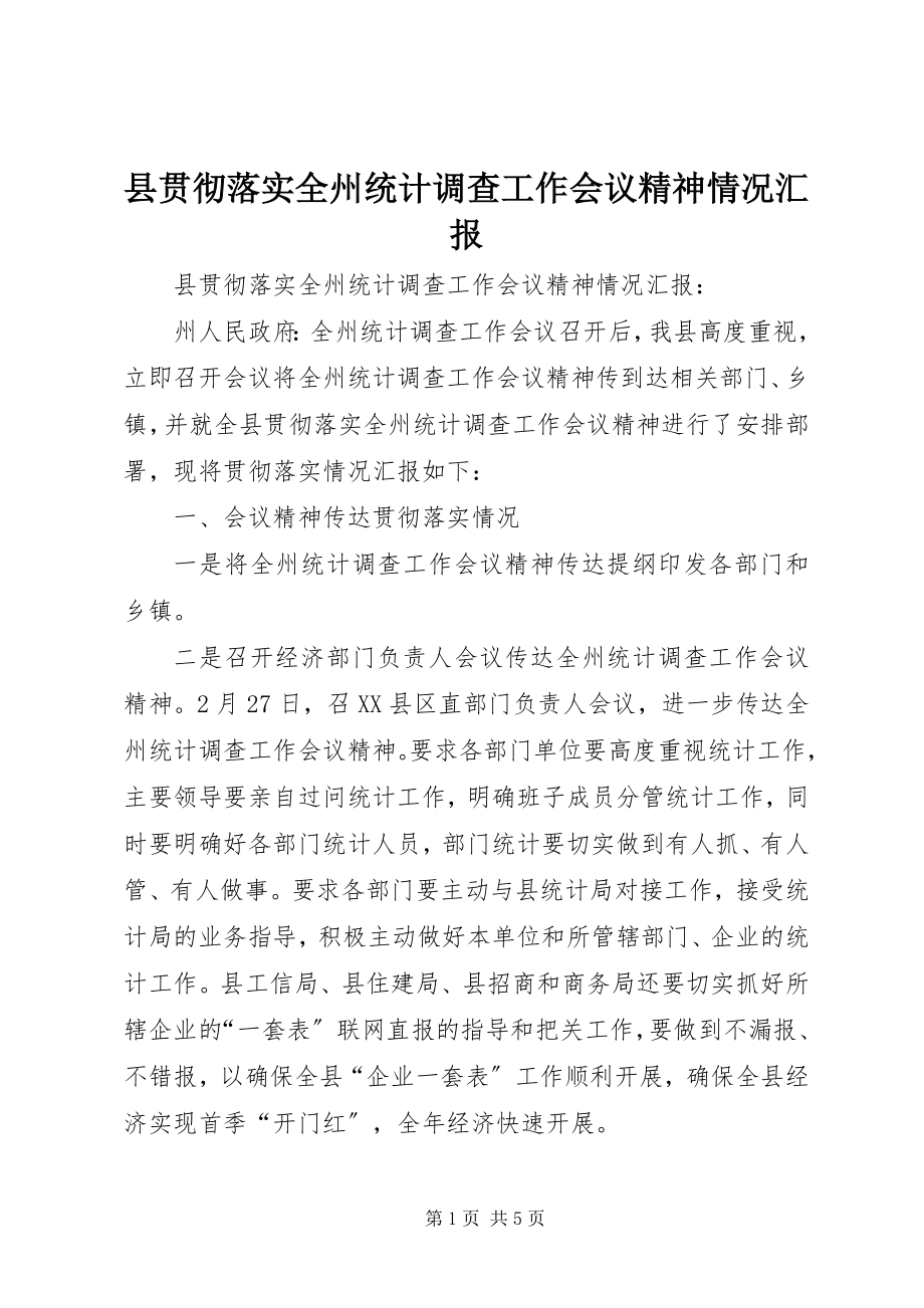 2023年县贯彻落实全州统计调查工作会议精神情况汇报.docx_第1页