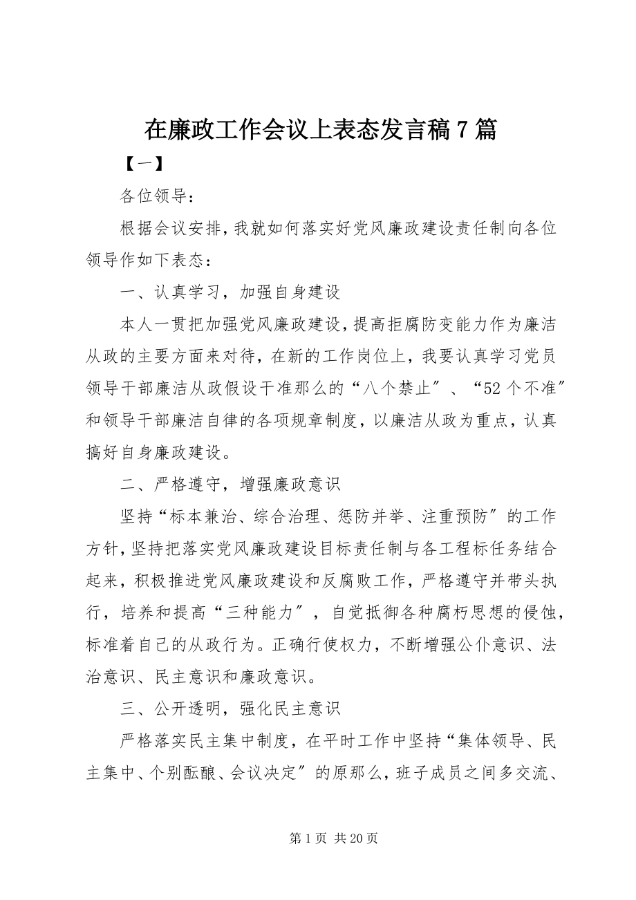 2023年在廉政工作会议上表态讲话稿7篇.docx_第1页