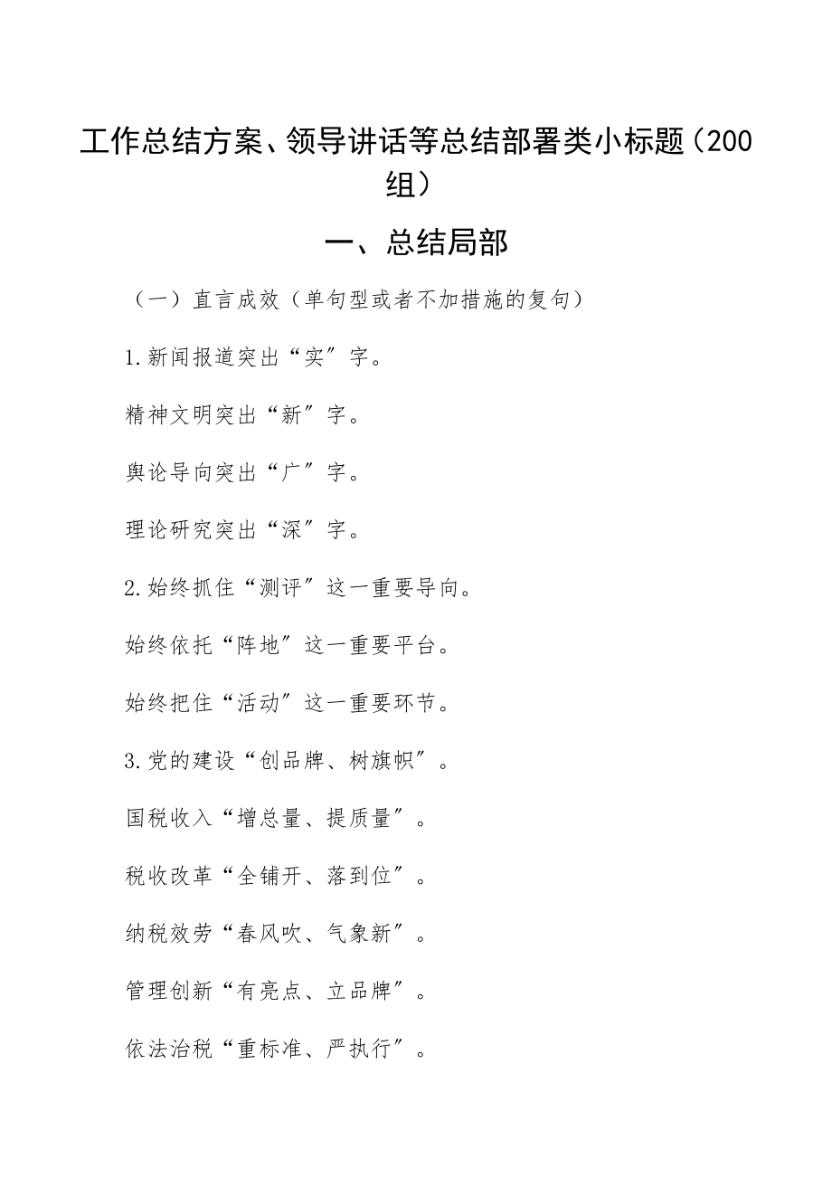 2023年200组1.1万字工作总结计划、领导讲话等总结部署类小标题200组精编.docx_第1页