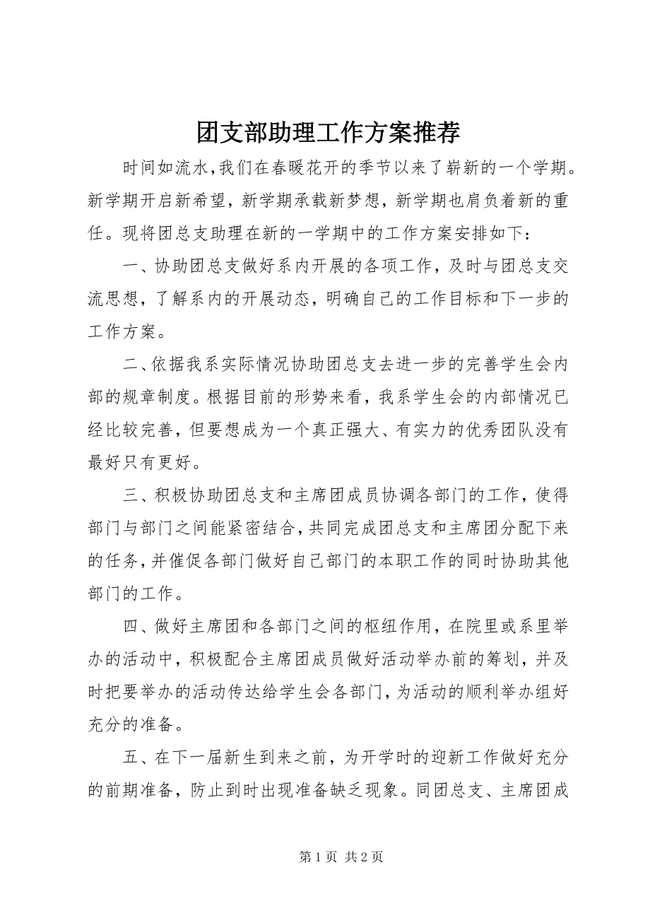 2023年团支部助理工作计划推荐.docx_第1页