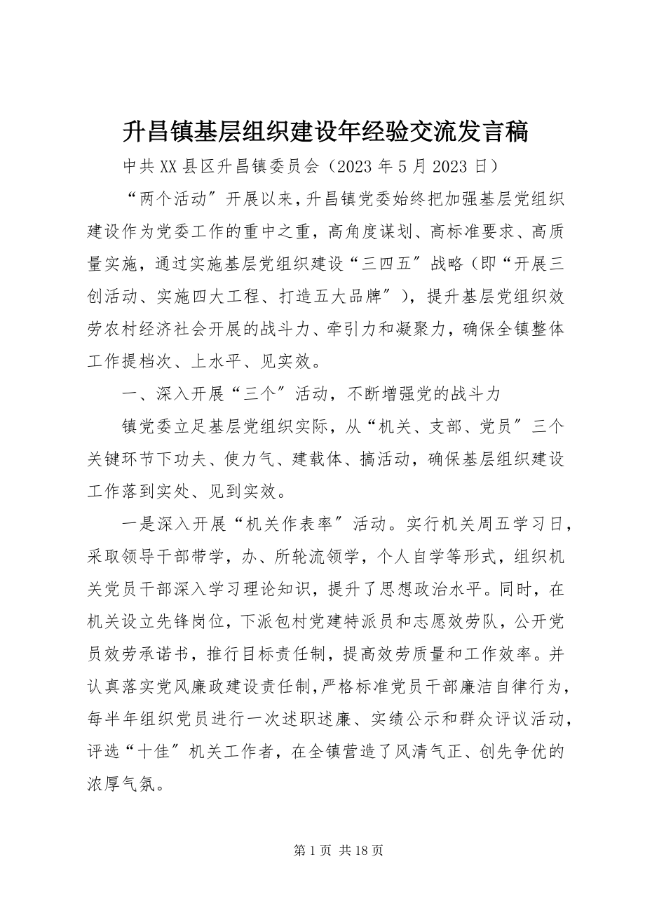 2023年升昌镇基层组织建设年经验交流讲话稿.docx_第1页