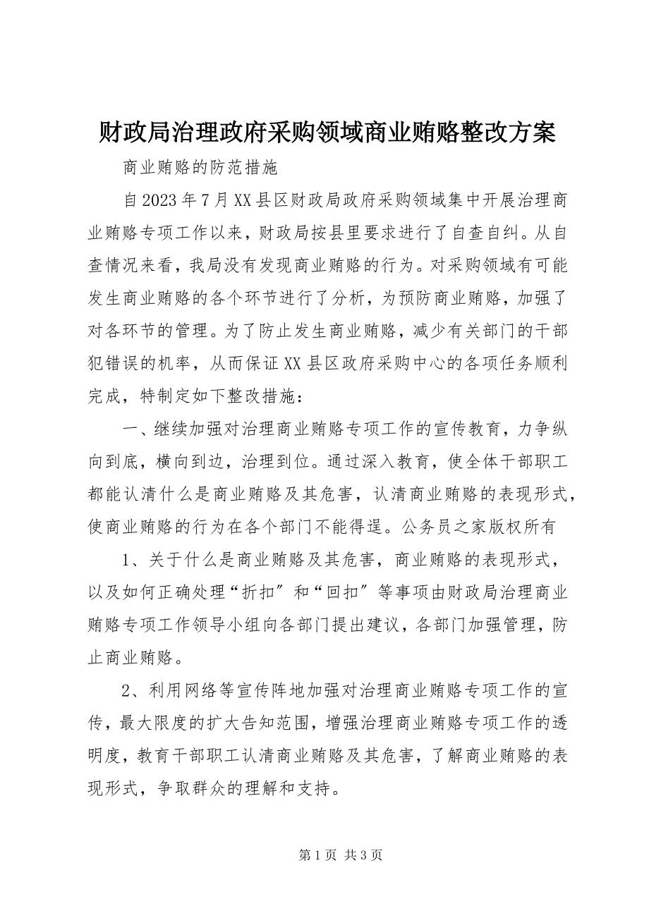 2023年财政局治理政府采购领域商业贿赂整改方案.docx_第1页