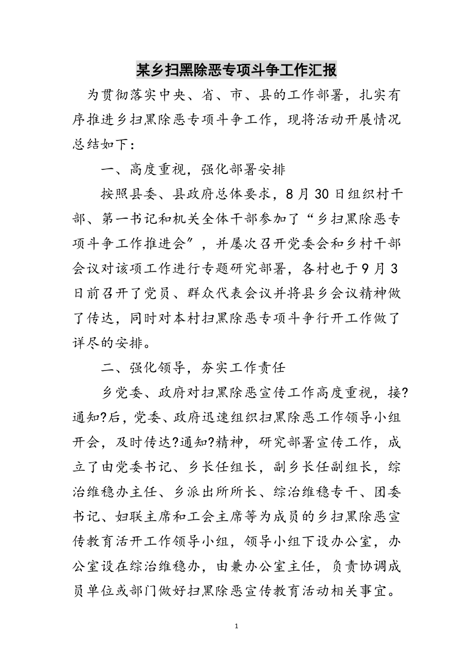 2023年某乡扫黑除恶专项斗争工作汇报范文.doc_第1页