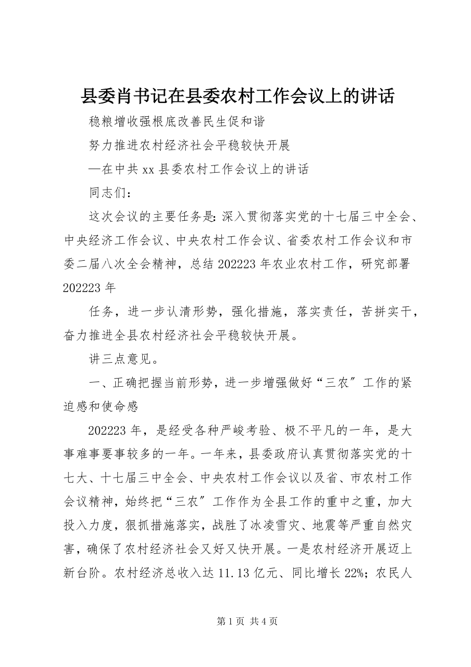 2023年县委肖书记在县委农村工作会议上的致辞.docx_第1页