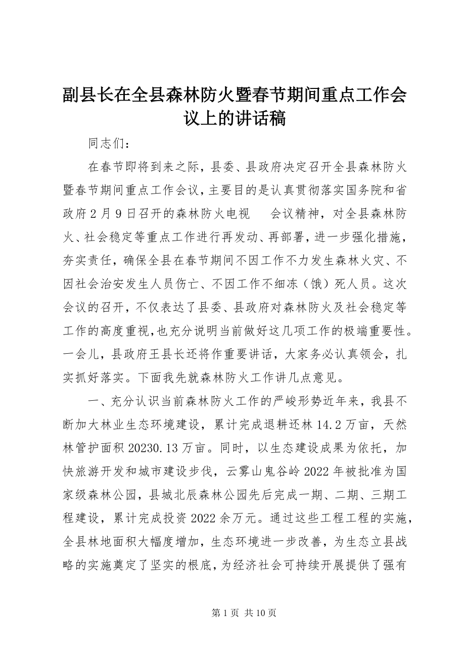 2023年副县长在全县森林防火暨春节期间重点工作会议上的致辞稿.docx_第1页