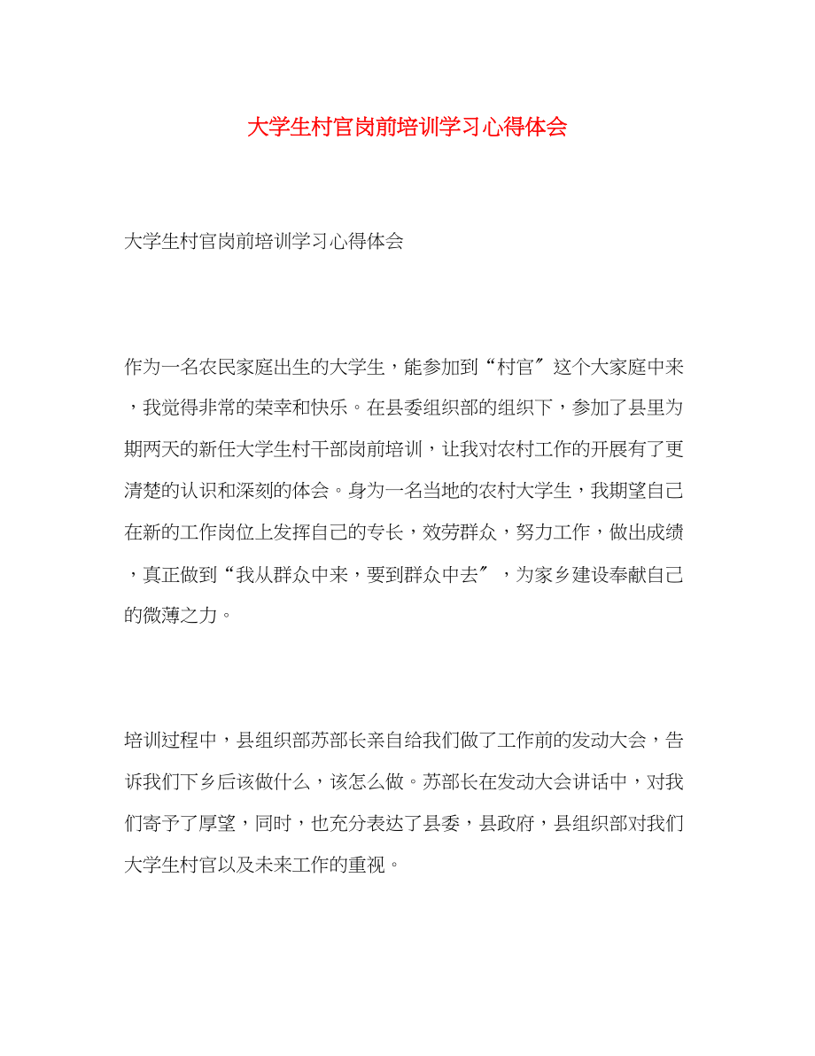 2023年大学生村官岗前培训学习心得体会.docx_第1页