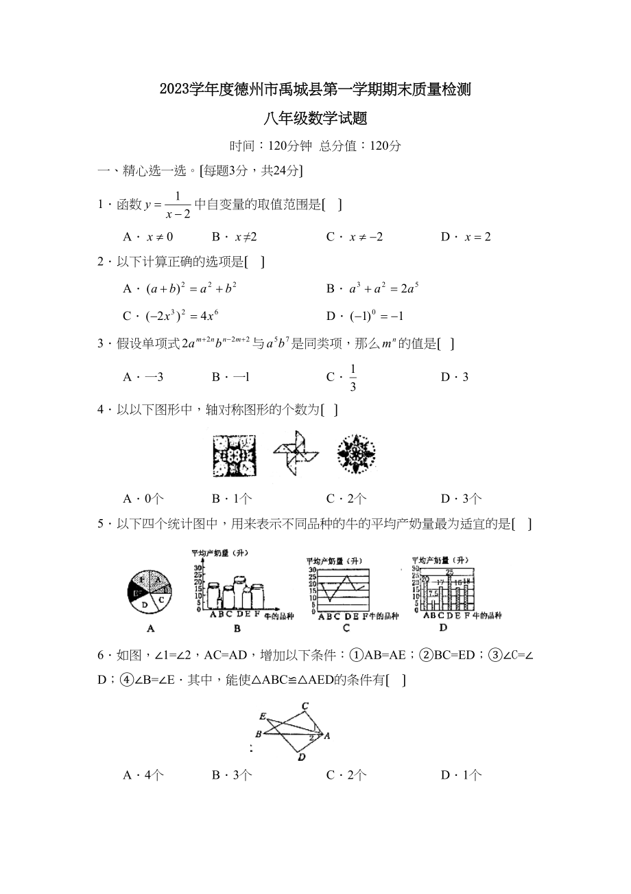 2023年度德州市禹城县第一学期八年级期末质量检测初中数学.docx_第1页