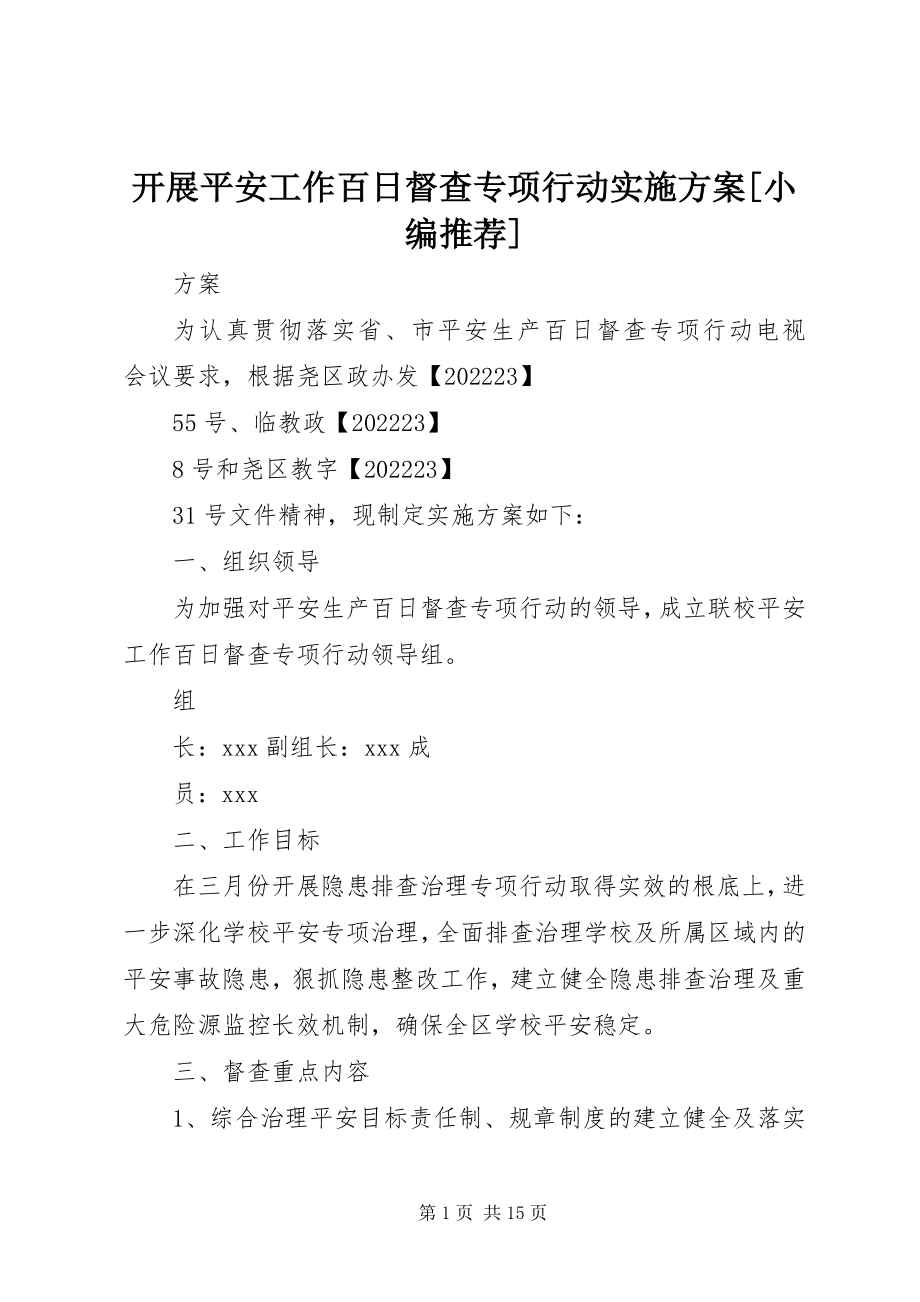 2023年开展安全工作百日督查专项行动实施方案[小编推荐.docx_第1页