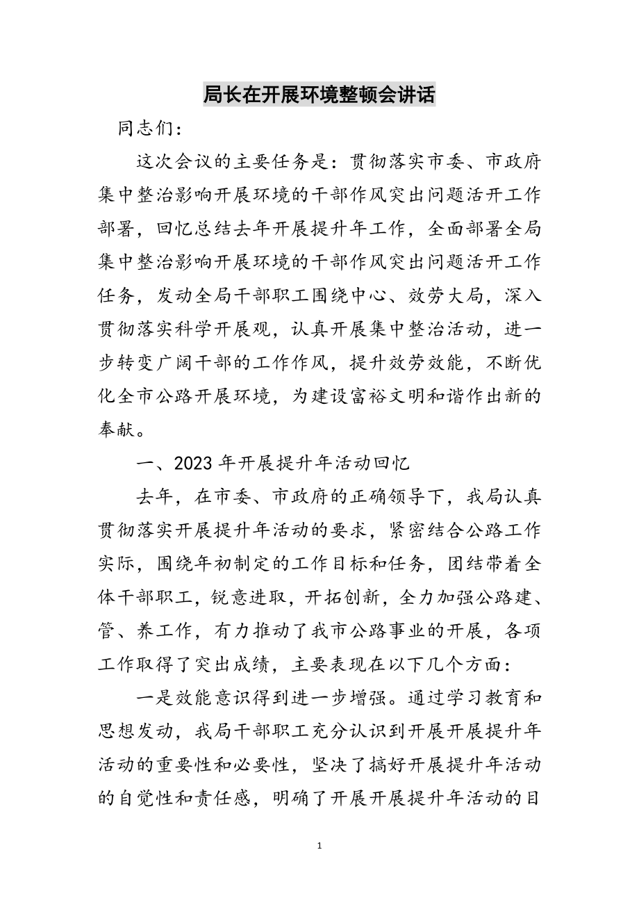 2023年局长在发展环境整顿会讲话范文.doc_第1页