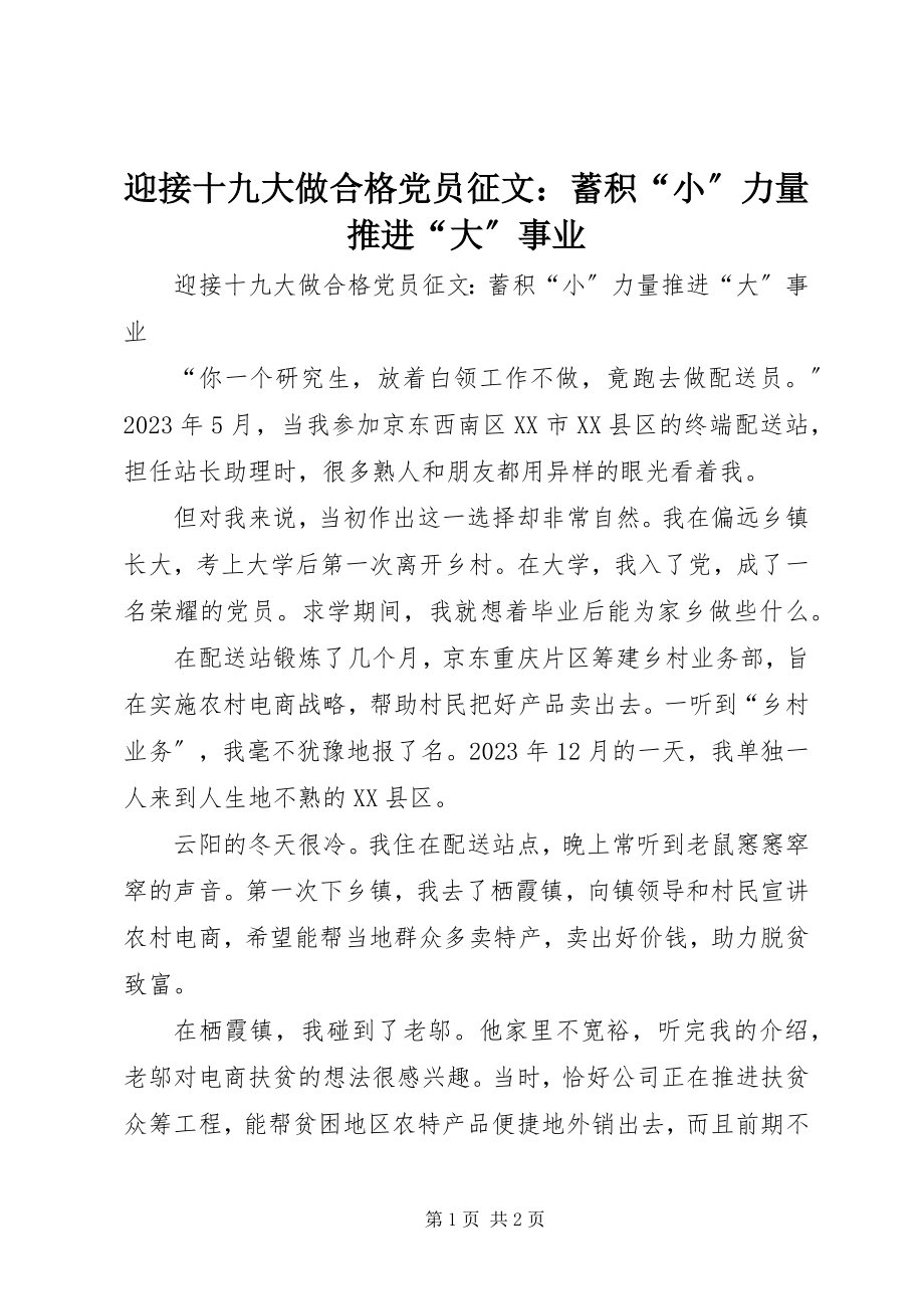 2023年迎接十九大做合格党员征文蓄积“小”力量推进“大”事业.docx_第1页