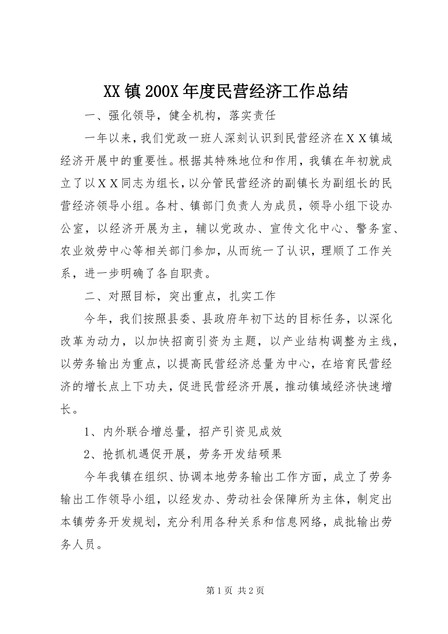 2023年XX镇度民营经济工作总结新编.docx_第1页