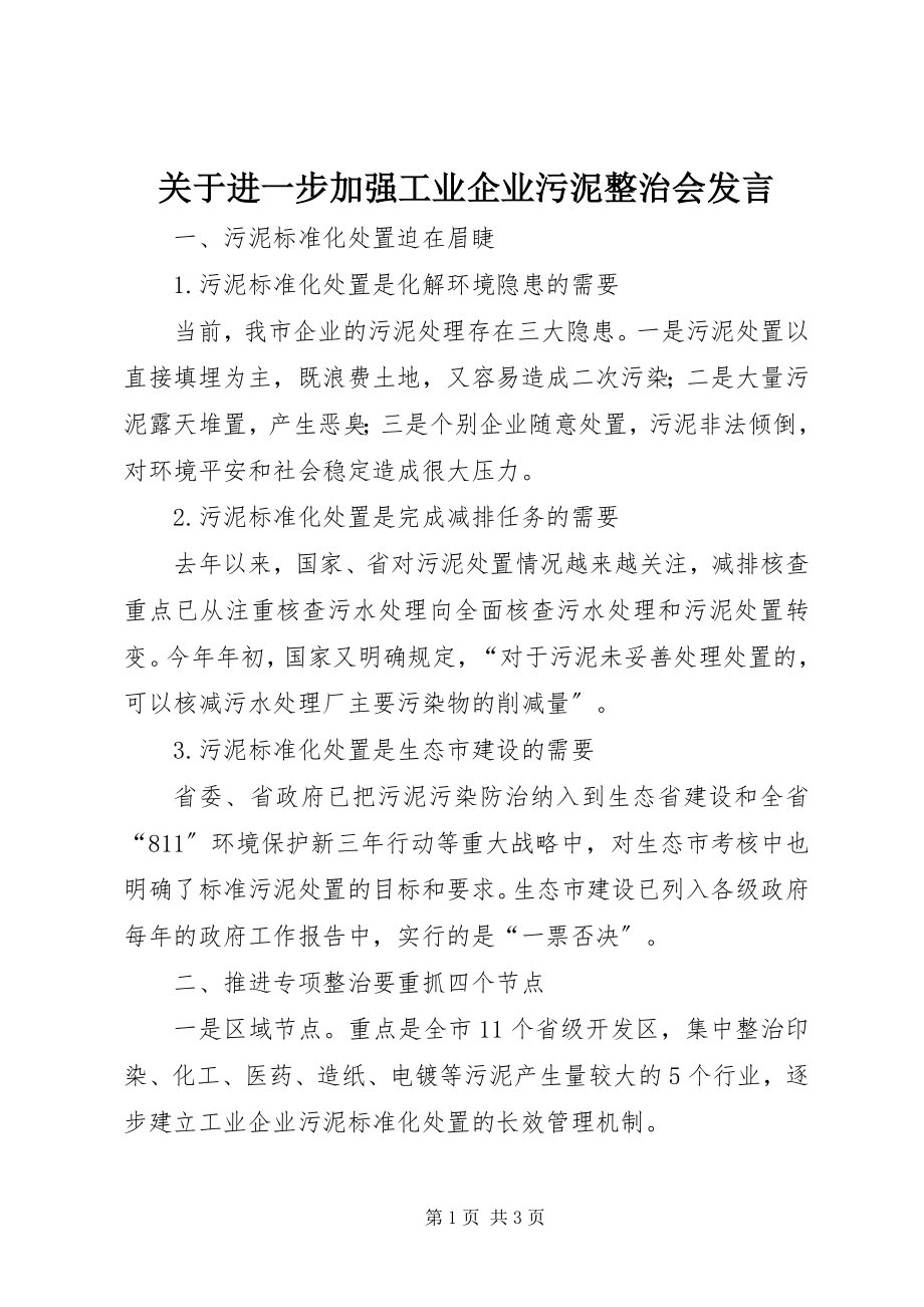 2023年进一步加强工业企业污泥整治会讲话.docx_第1页