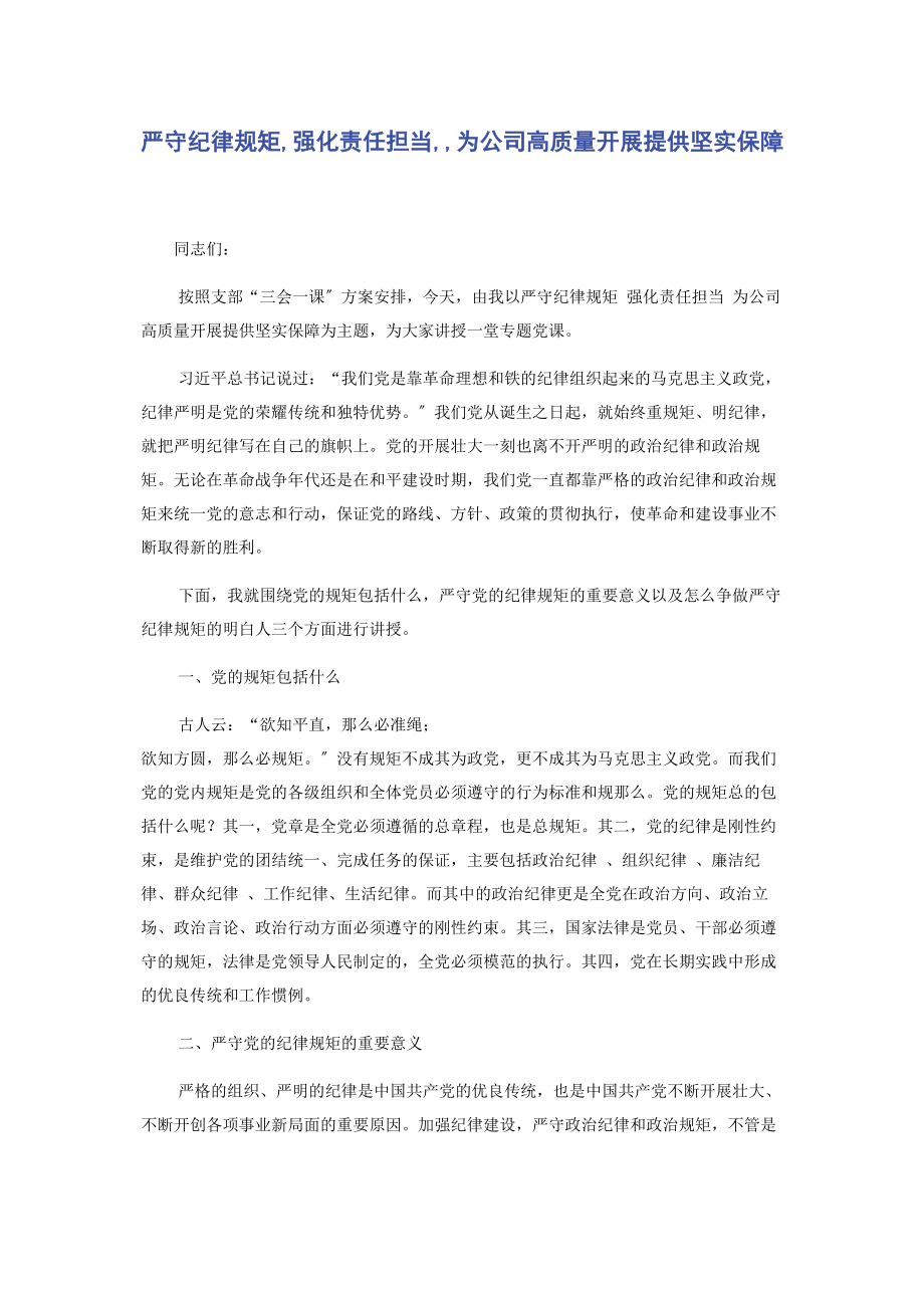 2023年严守纪律规矩强化责任担当为公司高质量发展提供坚实保障.docx_第1页