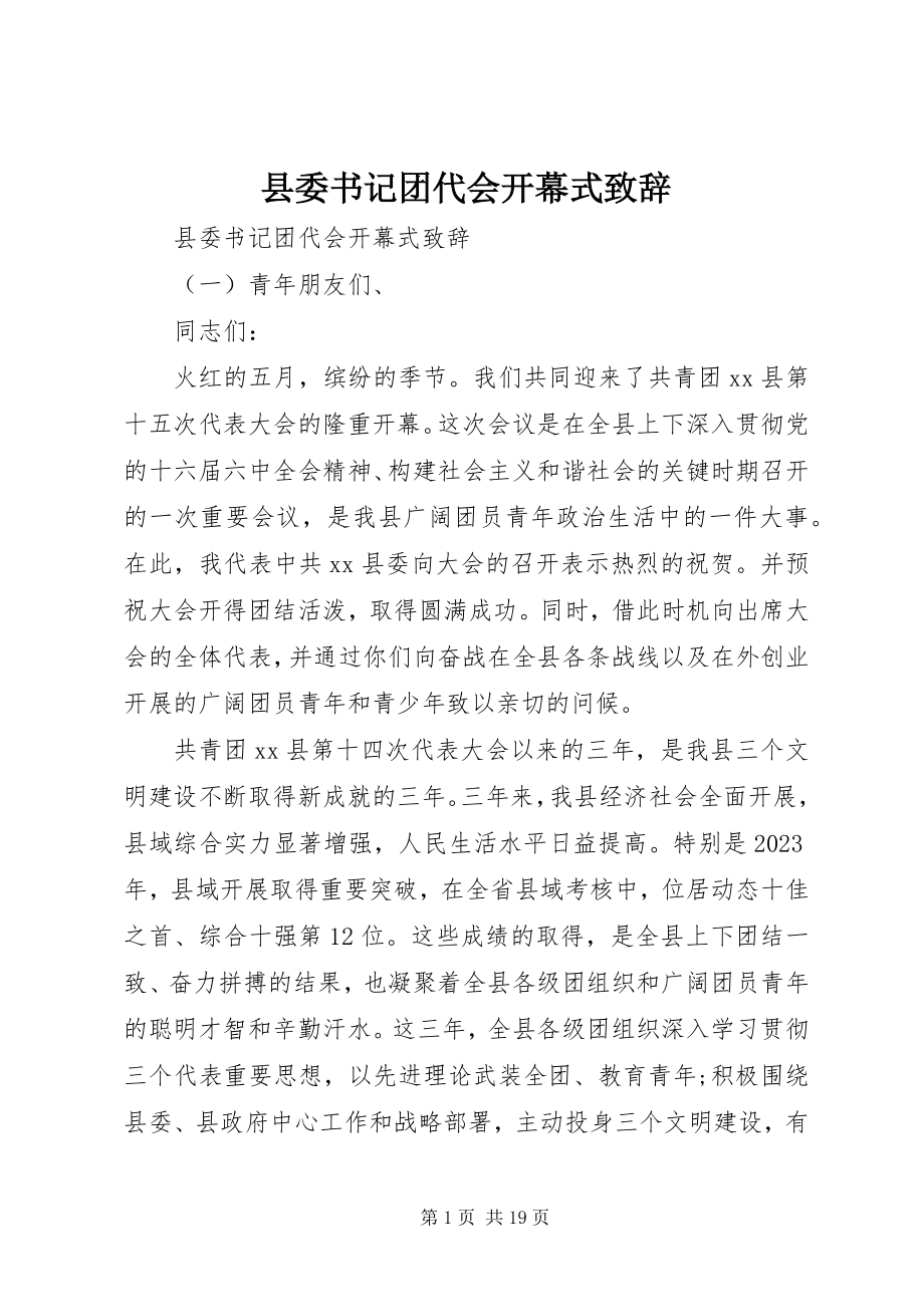 2023年县委书记团代会开幕式致辞.docx_第1页