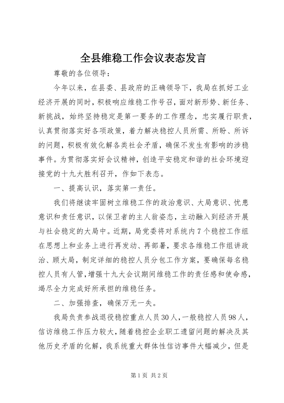 2023年全县维稳工作会议表态讲话.docx_第1页