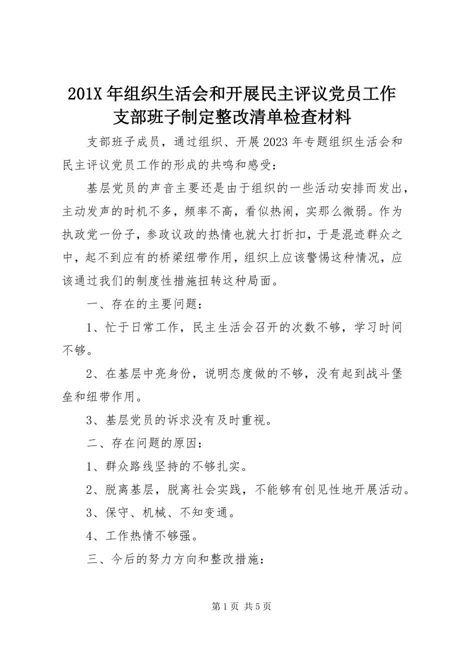 2023年组织生活会和开展民主评议党员工作支部班子制定整改清单检查材料.docx_第1页