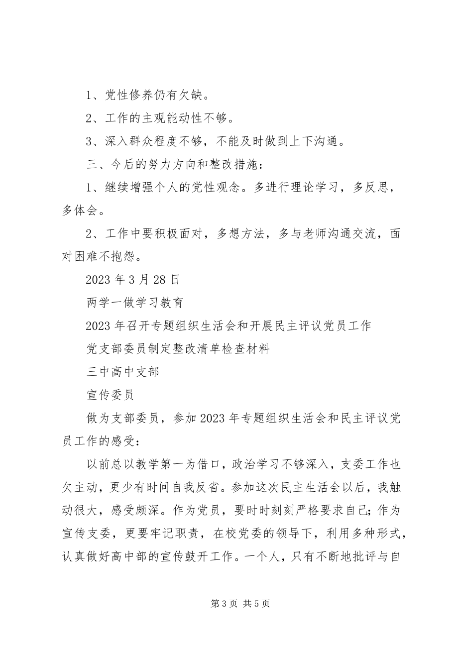 2023年组织生活会和开展民主评议党员工作支部班子制定整改清单检查材料.docx_第3页