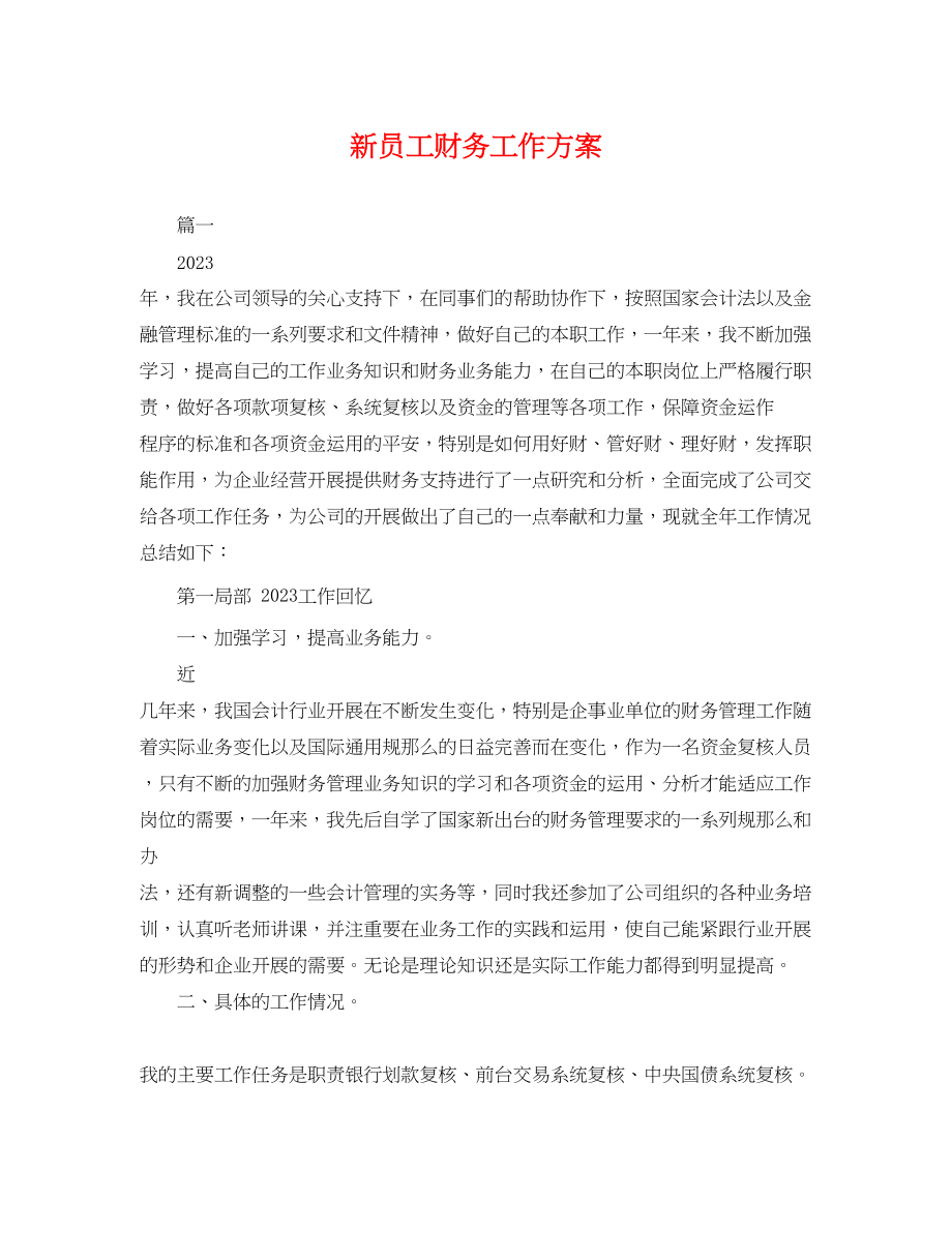 2023年新员工财务工作计划.docx_第1页