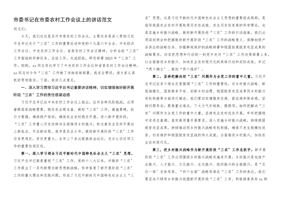 2023年市委书记在市委农村工作会议上的讲话.docx_第1页