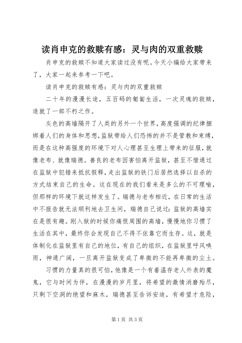 2023年读肖申克的救赎有感：灵与肉的双重救赎.docx_第1页