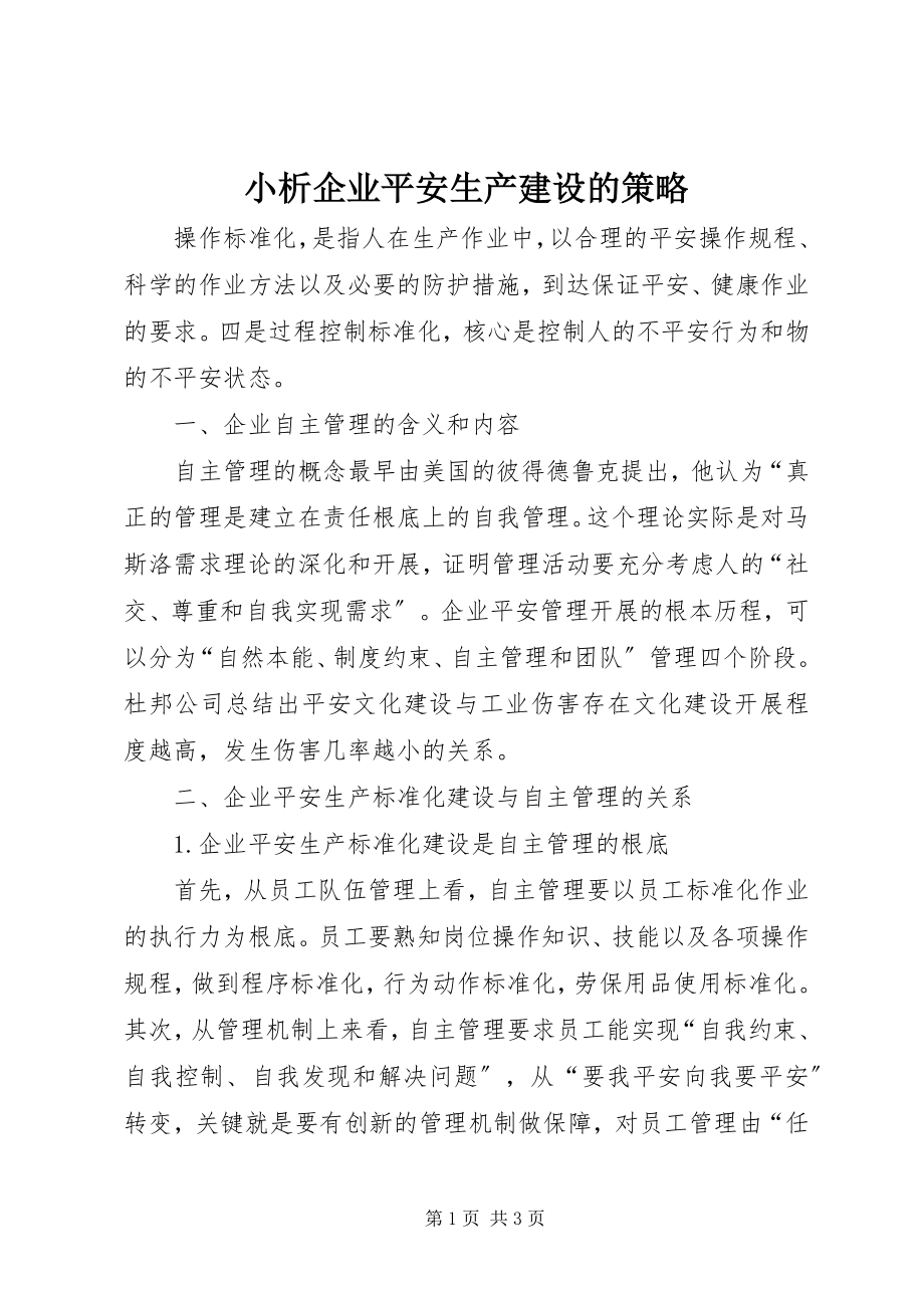 2023年小析企业安全生产建设的策略.docx_第1页