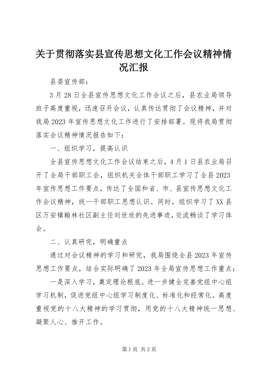 2023年贯彻落实县宣传思想文化工作会议精神情况汇报.docx_第1页