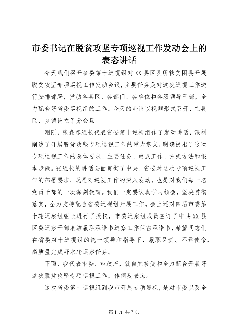 2023年市委书记在脱贫攻坚专项巡视工作动员会上的表态致辞.docx_第1页