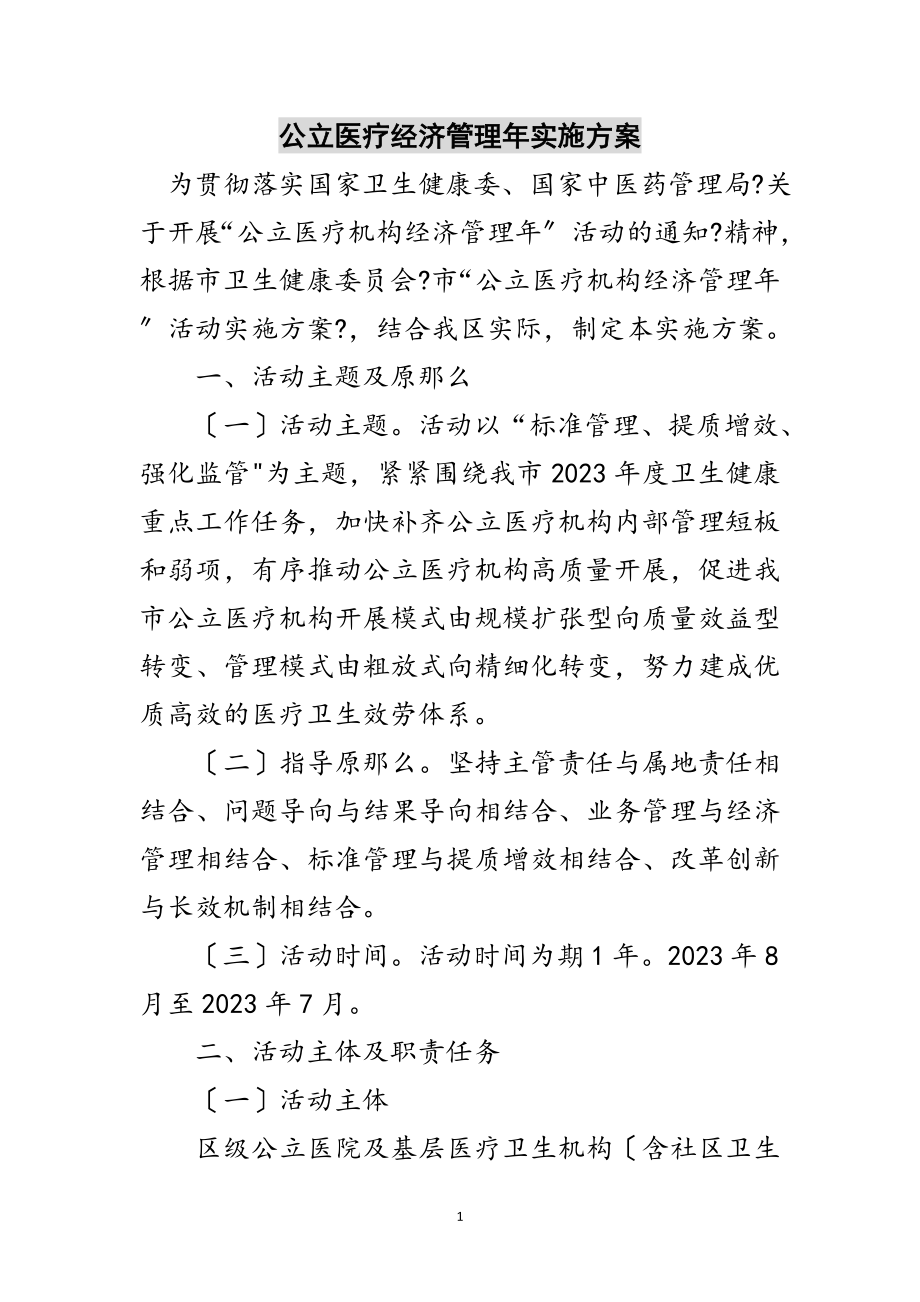 2023年公立医疗经济管理年实施方案范文.doc_第1页