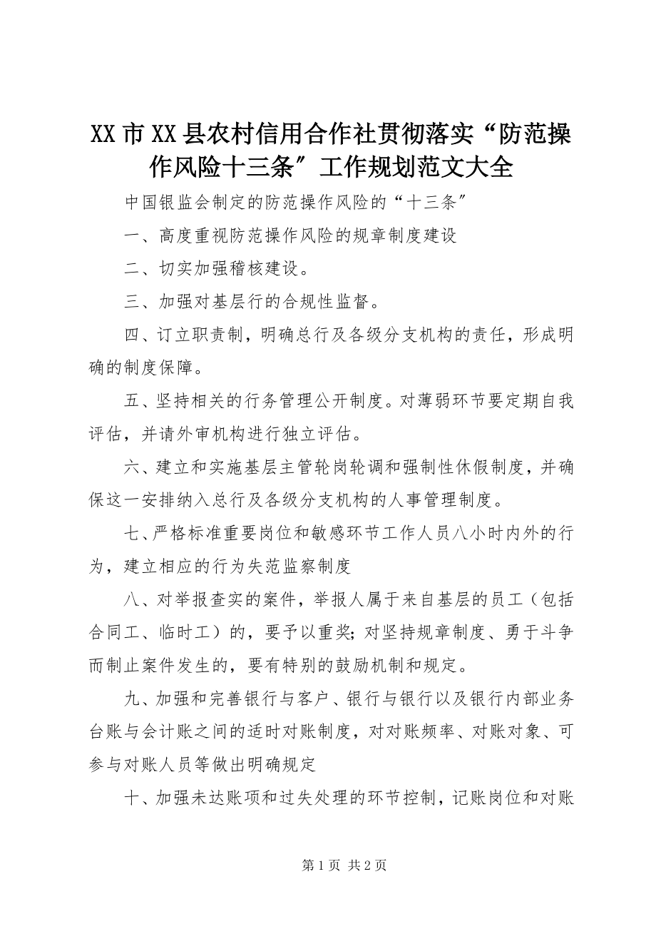 2023年XX市XX县农村信用合作社贯彻落实“防范操作风险十三条”工作规划大全新编.docx_第1页