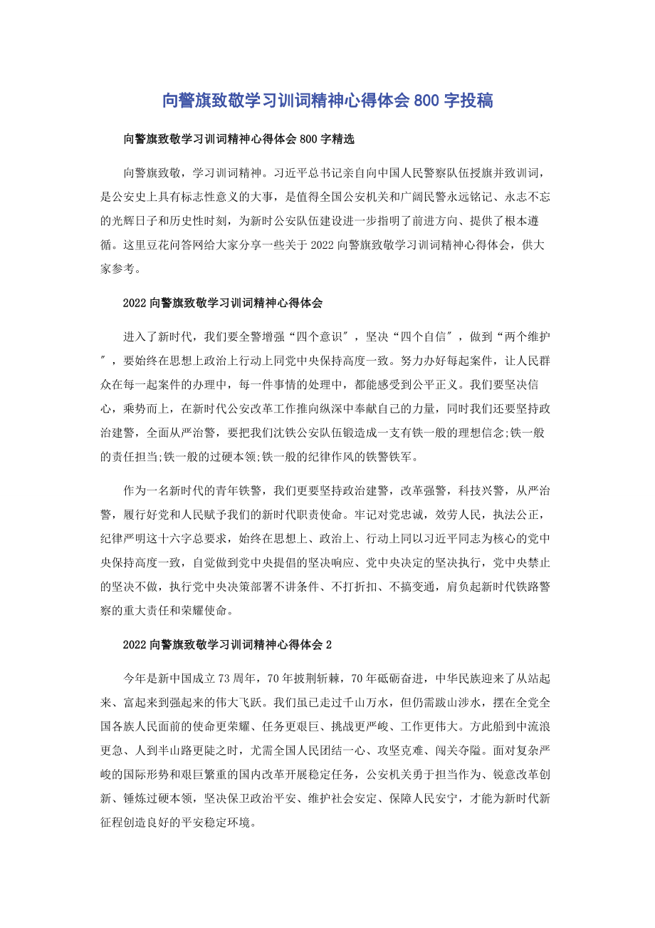 2023年向警旗致敬学习训词精神心得体会800字投稿.docx_第1页