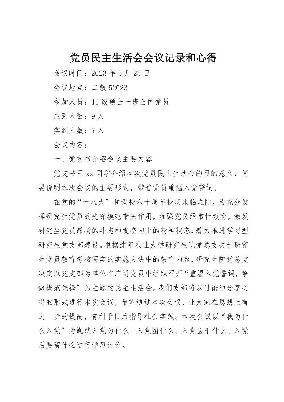 2023年党员民主生活会会议记录和心得.docx_第1页