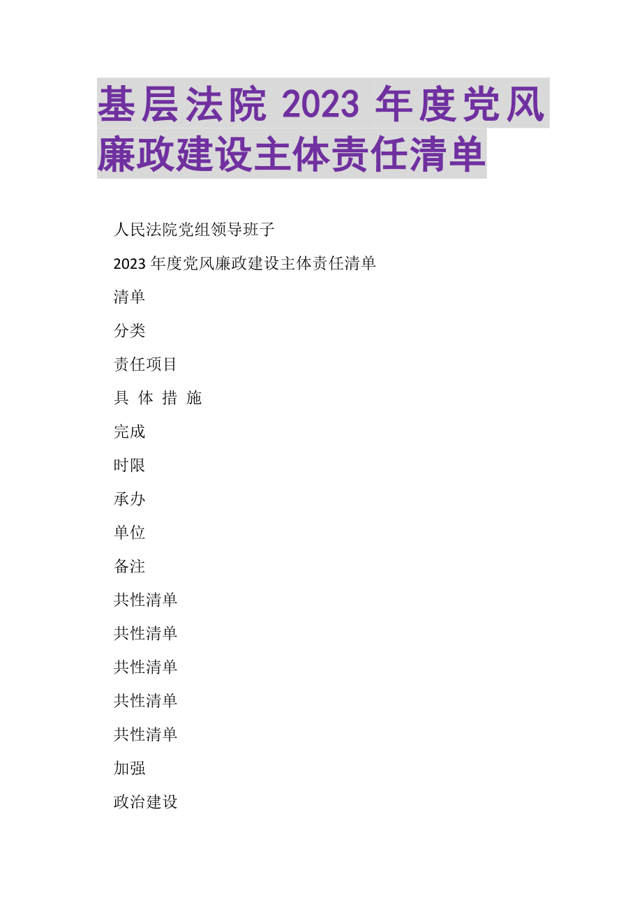 2023年基层法院度党风廉政建设主体责任清单.doc_第1页