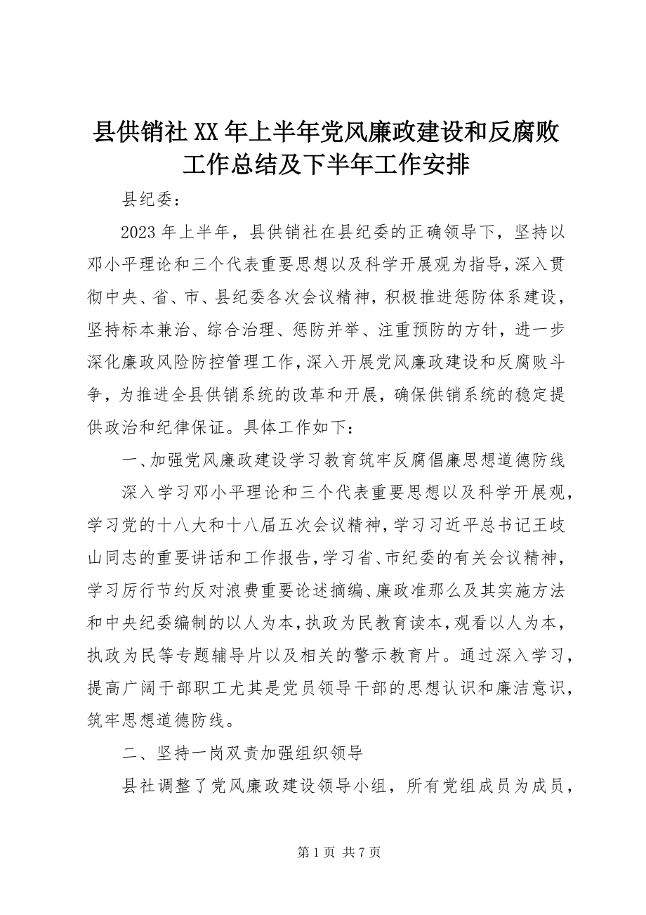 2023年县供销社上半年党风廉政建设和反腐败工作总结及下半年工作安排.docx_第1页