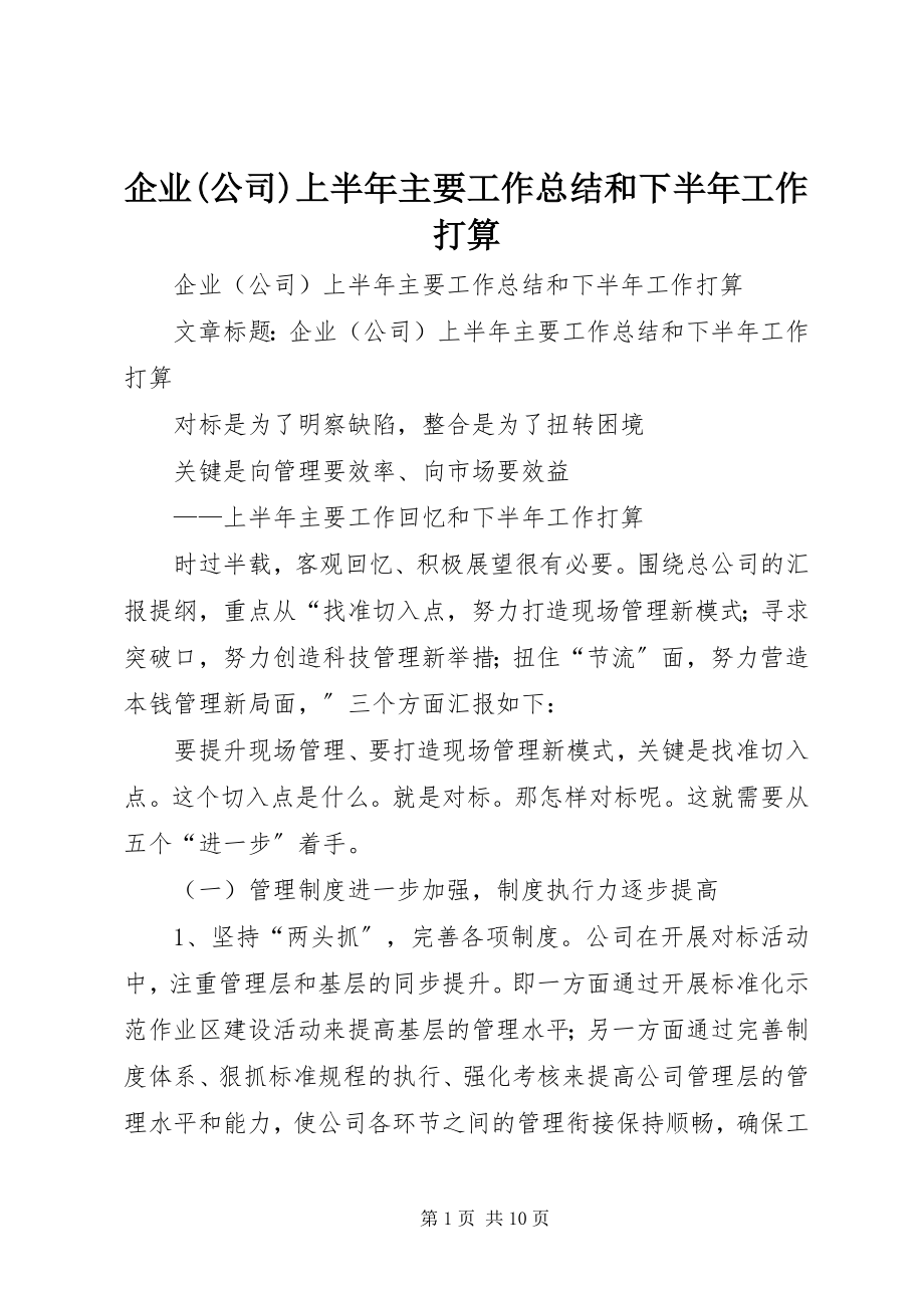 2023年企业公司上半年主要工作总结和下半年工作打算.docx_第1页