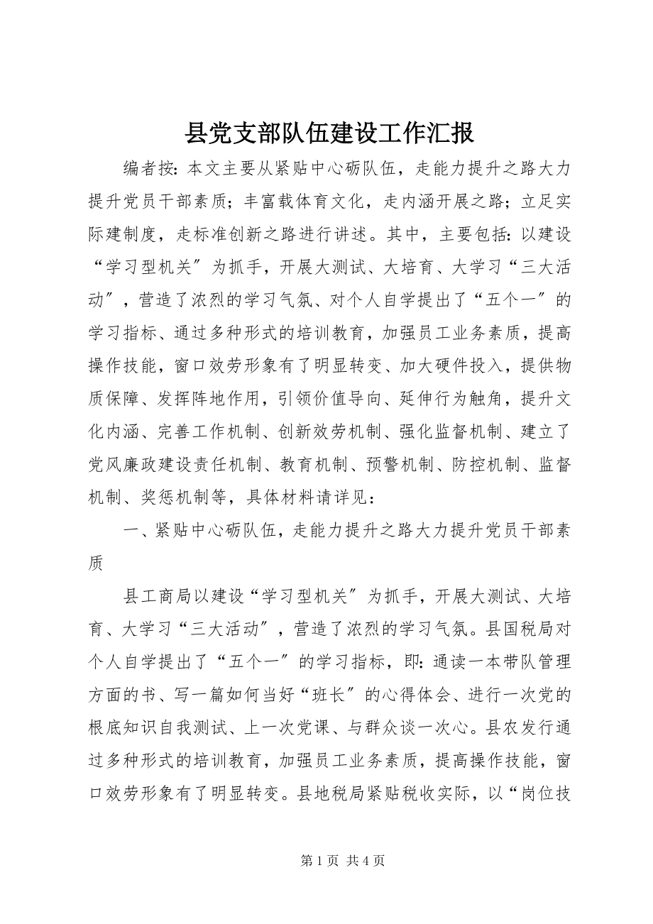 2023年县党支部队伍建设工作汇报.docx_第1页