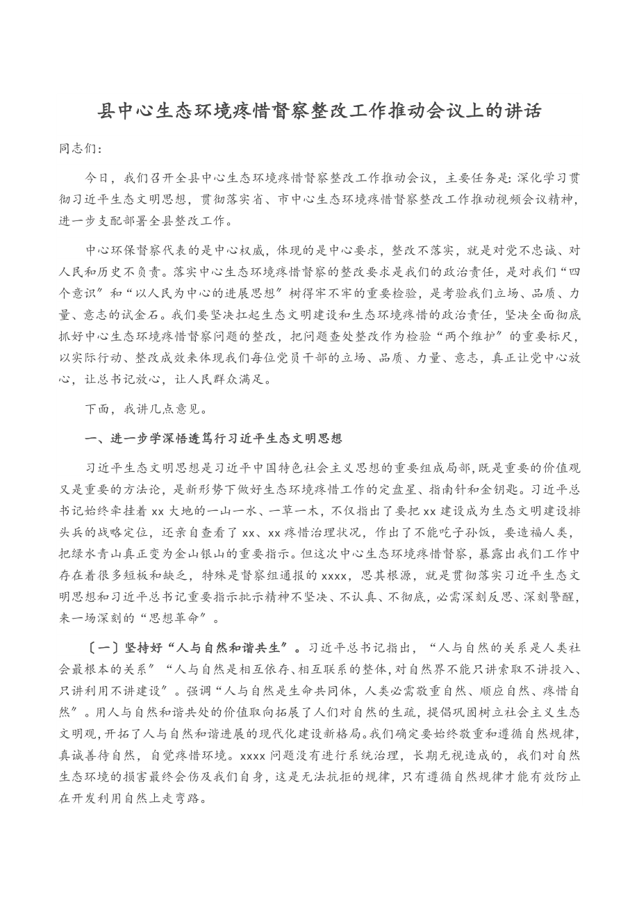 2023年县中央生态环境保护督察整改工作推进会议上的讲话.docx_第1页