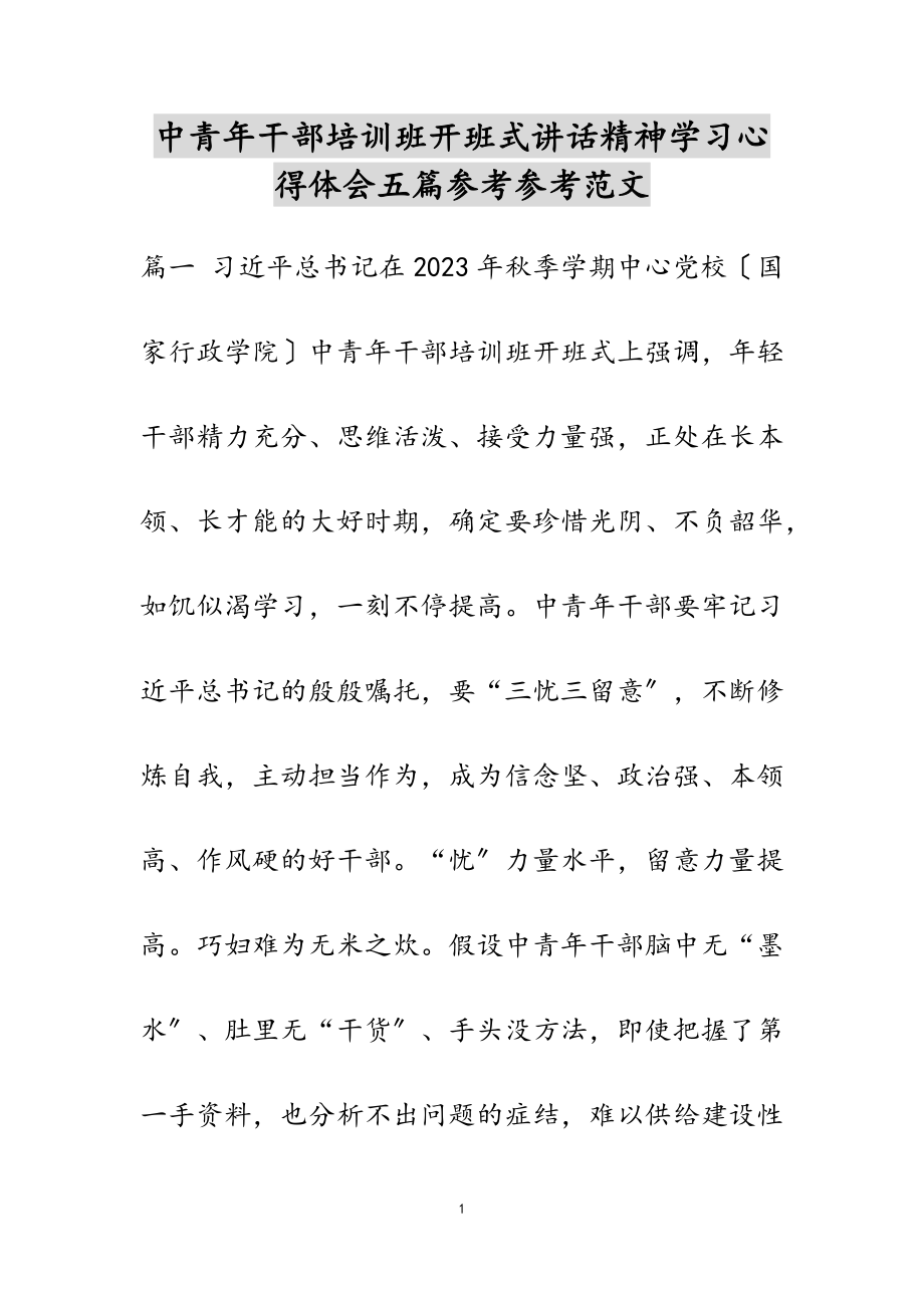 2023年中青年干部培训班开班式讲话精神学习心得体会五篇.doc_第1页