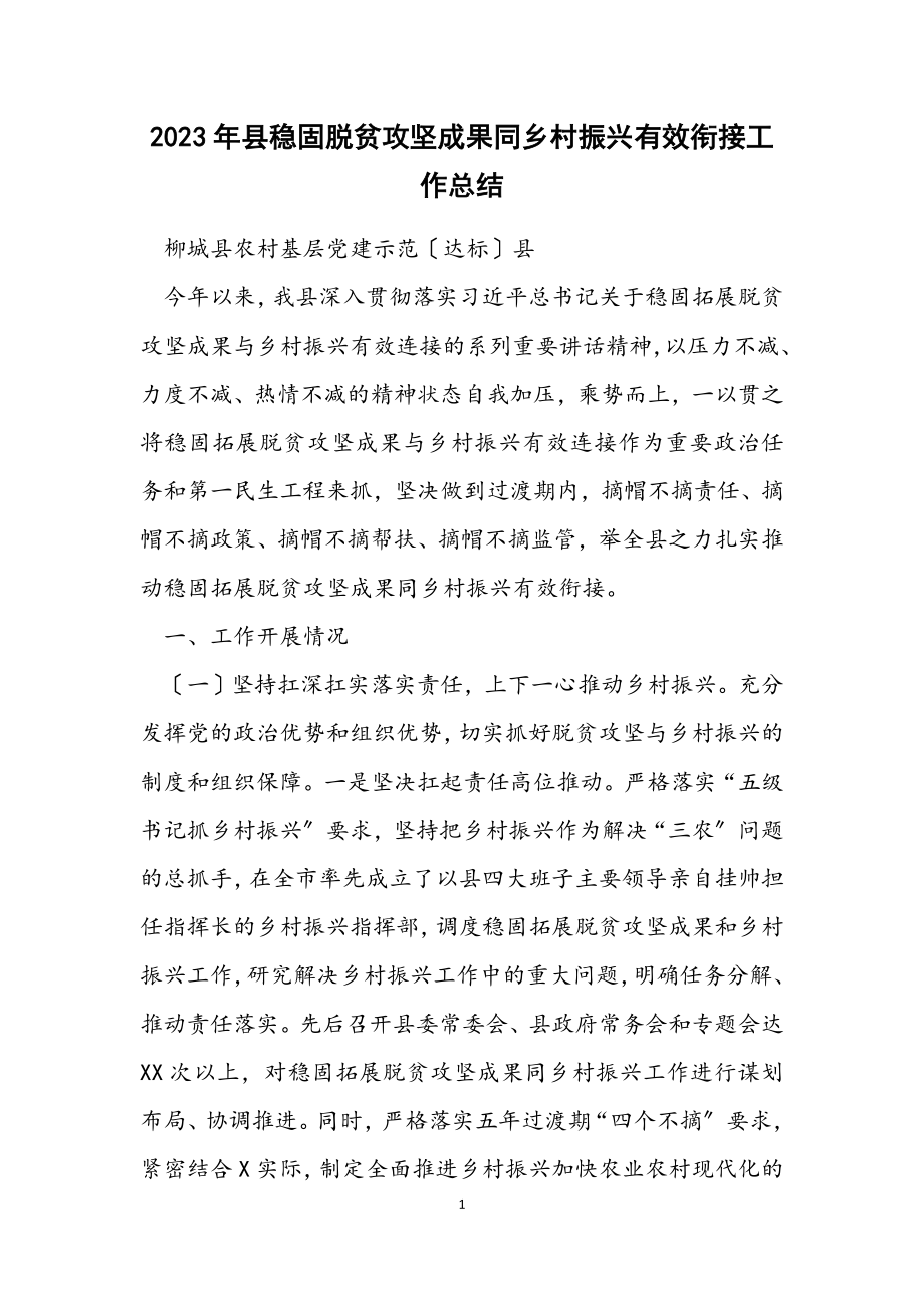 2023年县巩固脱贫攻坚成果同乡村振兴有效衔接工作总结.docx_第1页