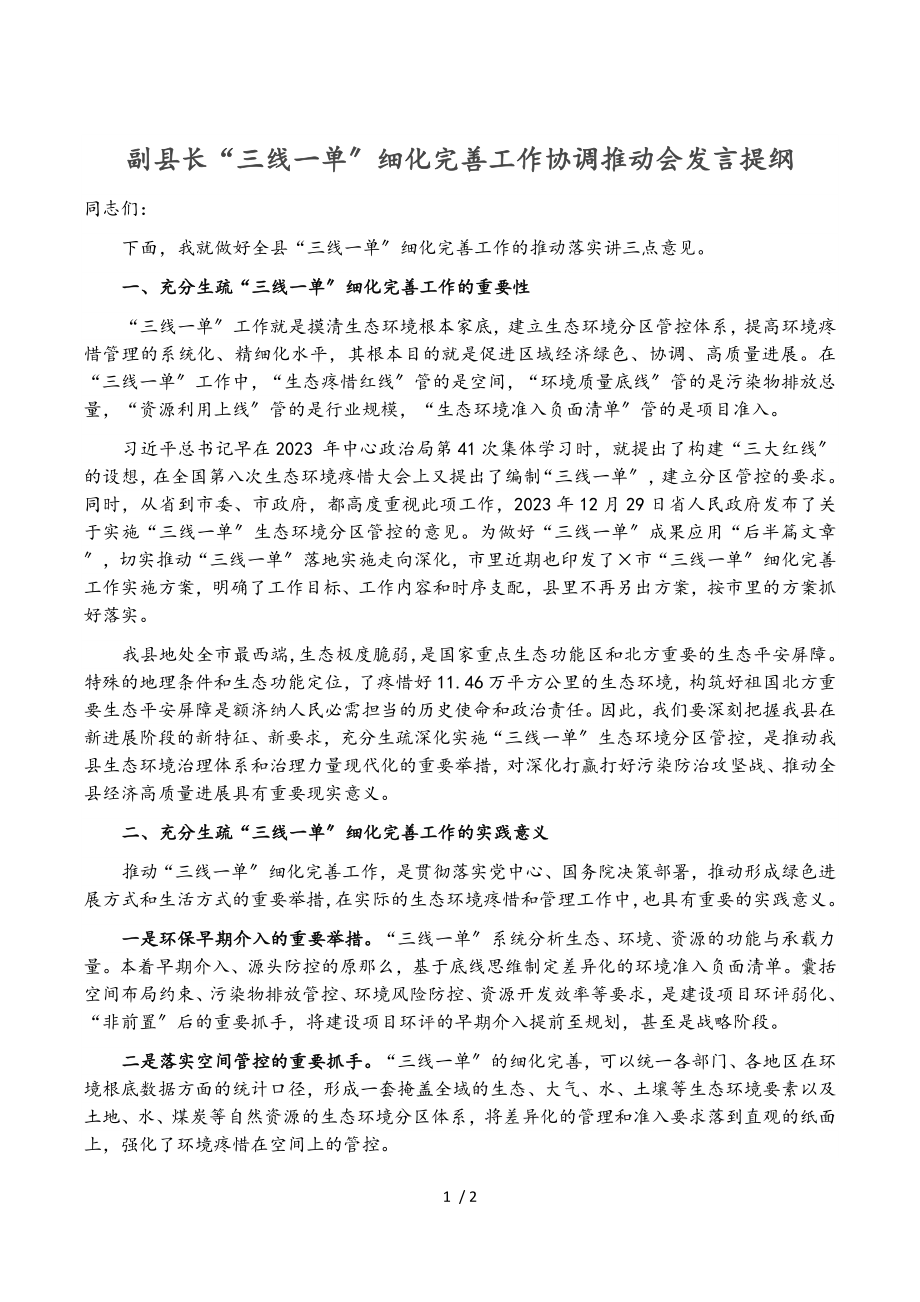 2023年副县长“三线一单”细化完善工作协调推进会发言提纲.doc_第1页