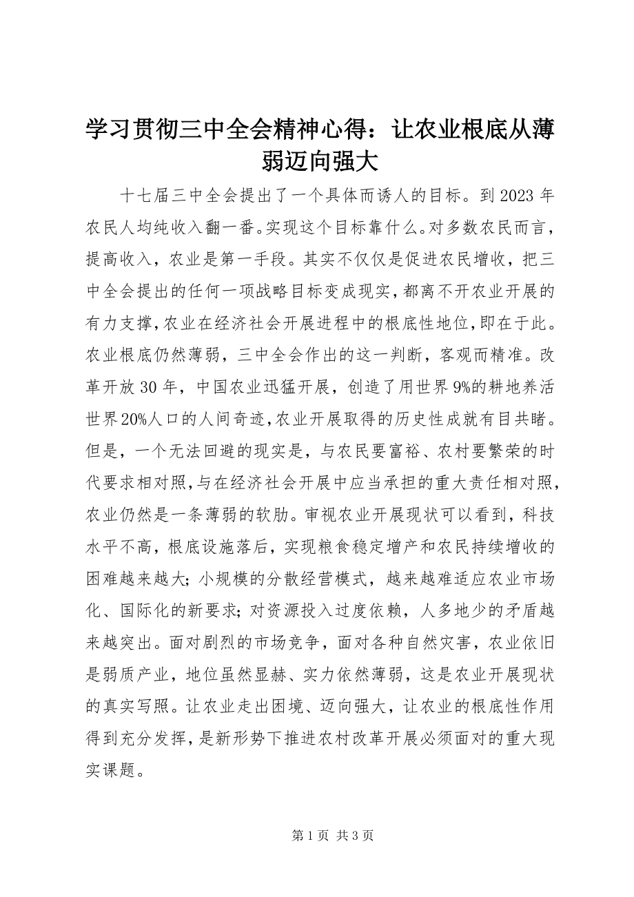 2023年学习贯彻三中全会精神心得让农业基础从薄弱迈向强大.docx_第1页